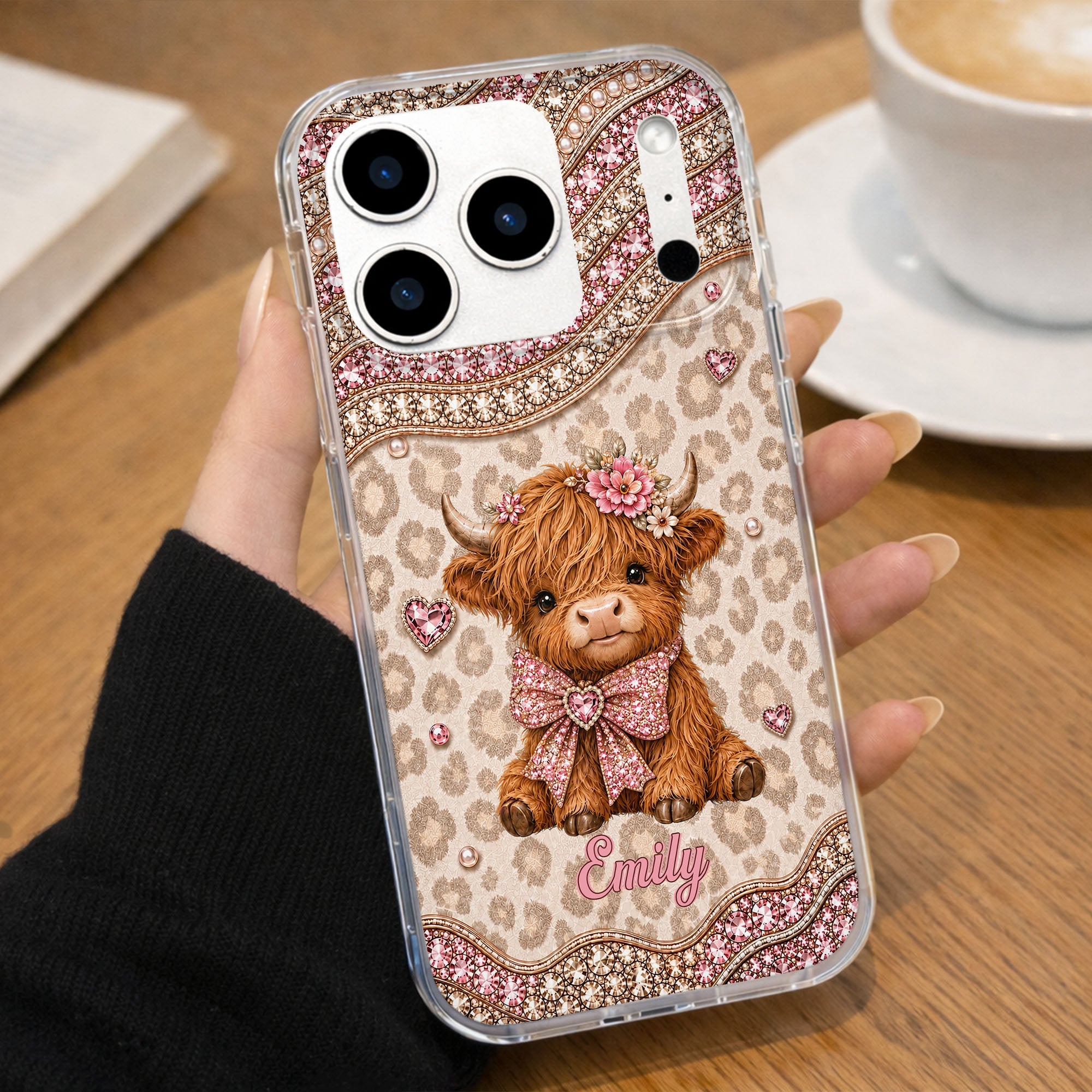 Personalized Highland Cow Clear Phone Case with 3D Rhinestones Gift for Her Clear Phone Case GradoCreations