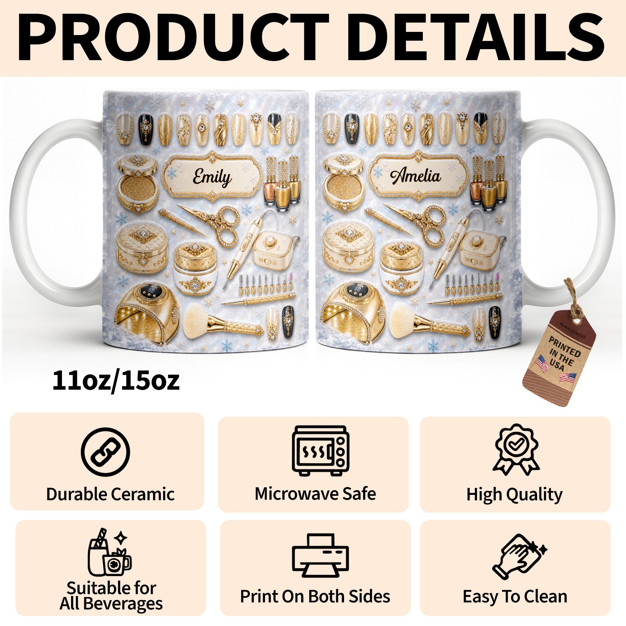 Personalized Glamorous Nail Artist Mug Custom Gift for Her Edge-to-edge Mug GradoCreations