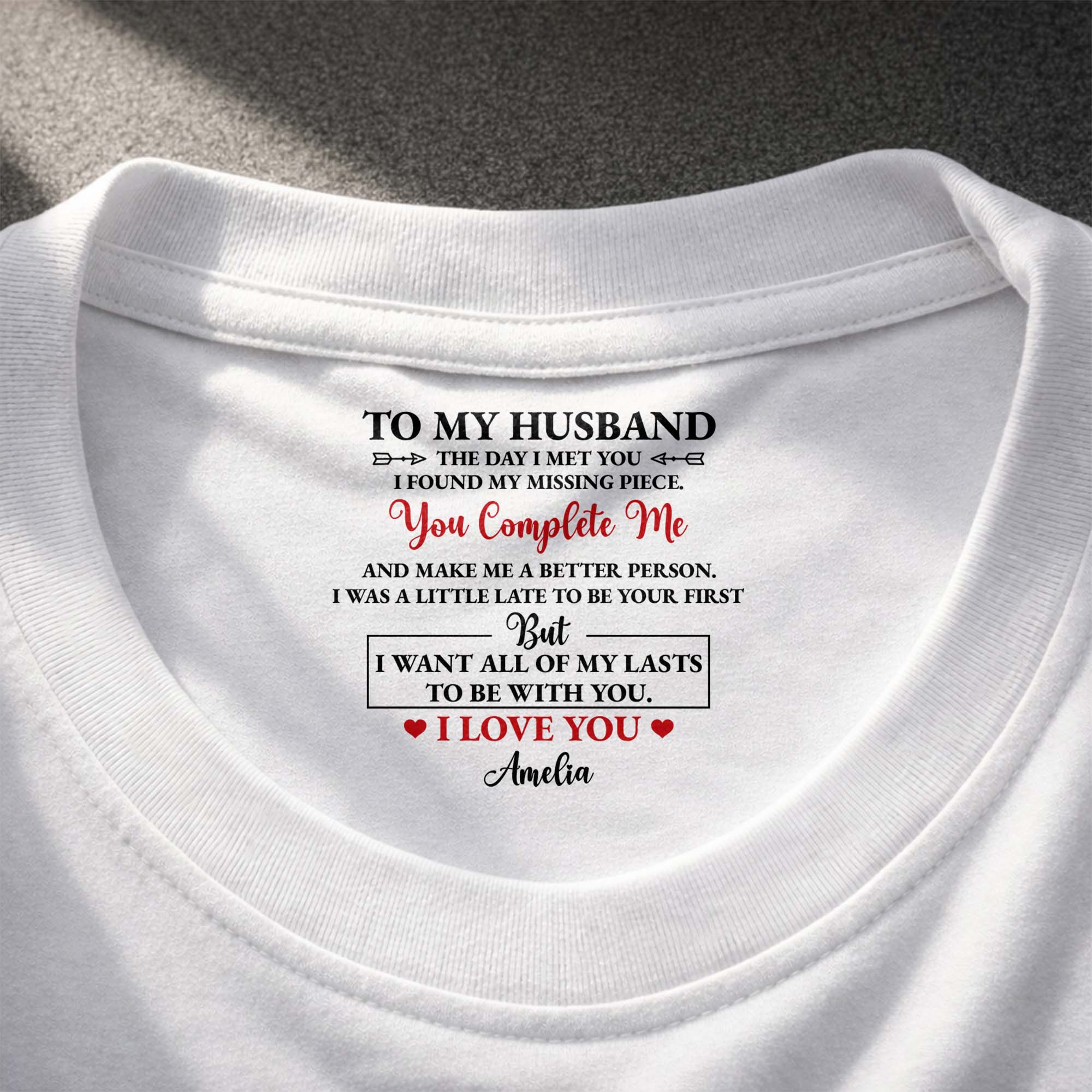 Personalized Inside Neck Print T-Shirt Romantic Gift for Husband Basic Shirt, Print inside back collar GradoCreations