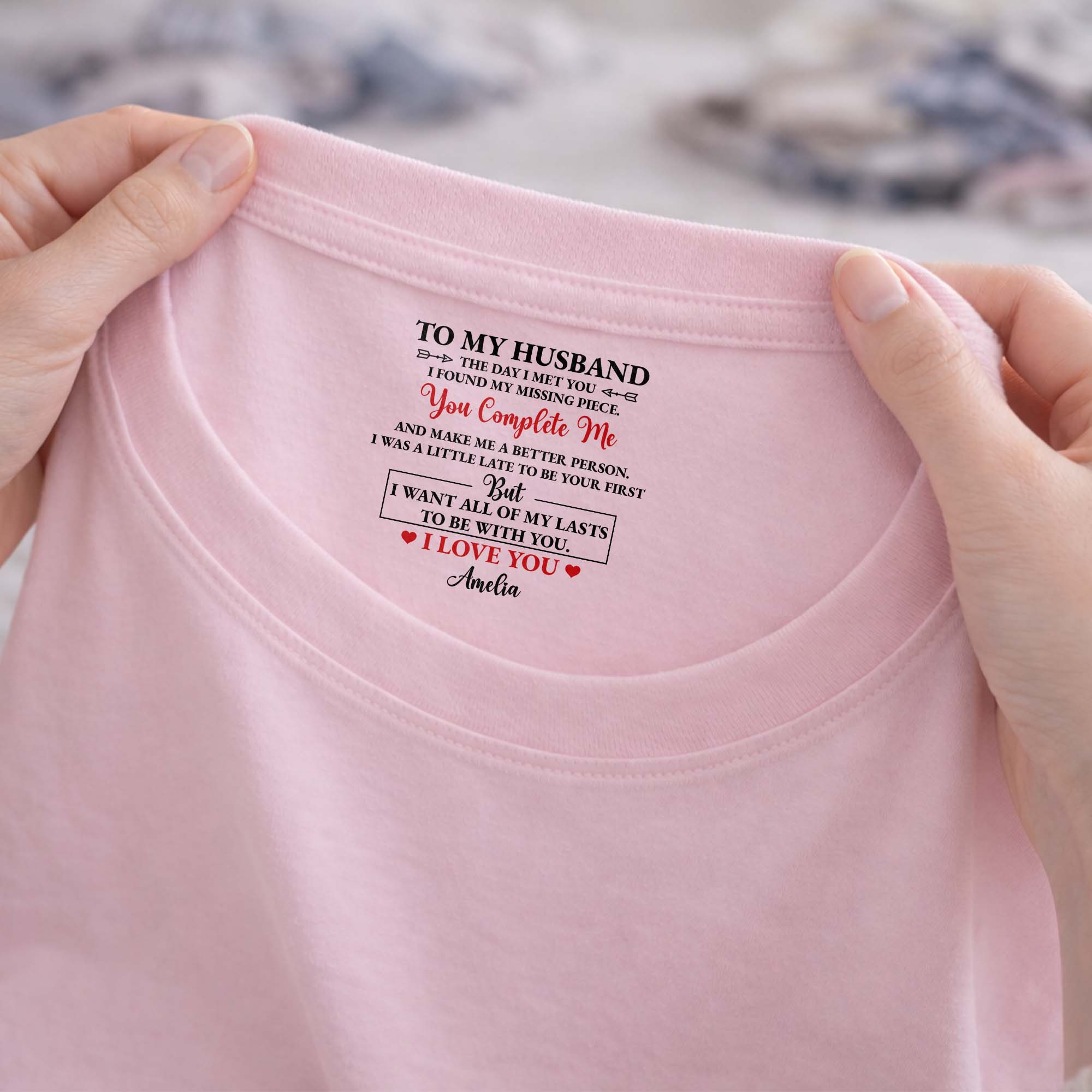 Personalized Inside Neck Print T-Shirt Romantic Gift for Husband Basic Shirt, Print inside back collar GradoCreations