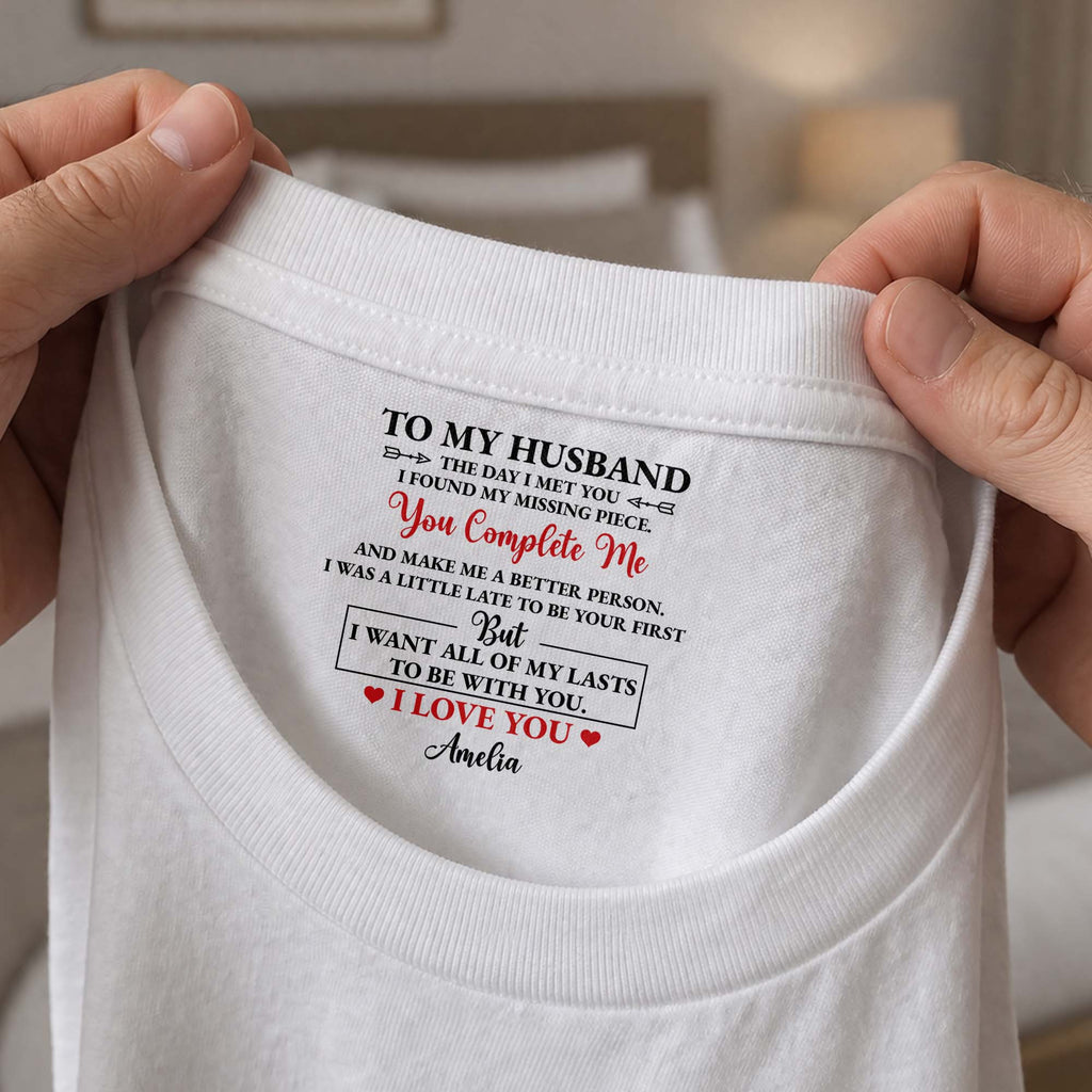 Personalized Inside Neck Print T-Shirt Romantic Gift for Husband Basic Shirt, Print inside back collar GradoCreations
