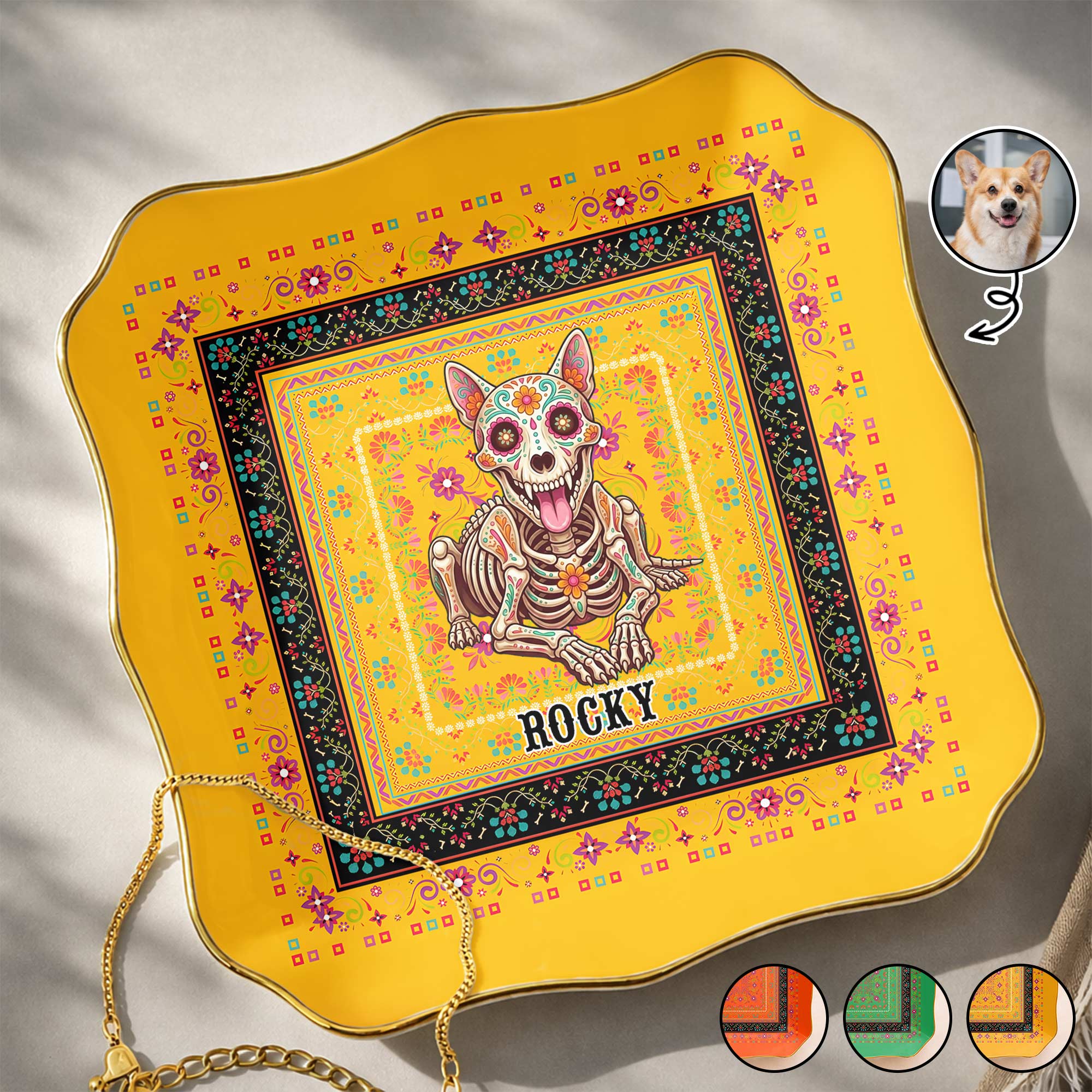 Personalized Sugar Skull Jewelry Dish Custom Name Ring Holder for Dog Lovers Lace Square Jewelry Dish GradoCreations