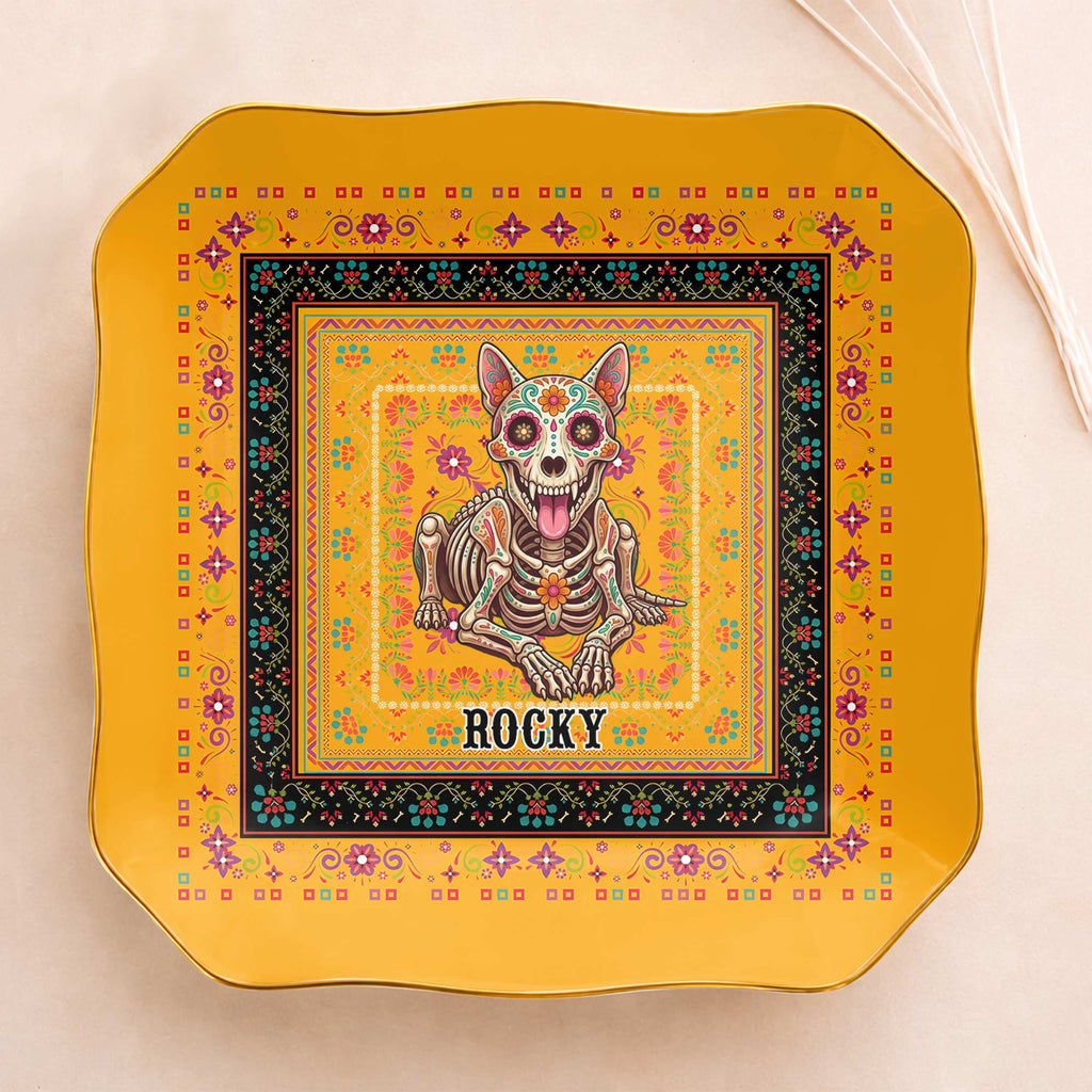 Personalized Sugar Skull Jewelry Dish Custom Name Ring Holder for Dog Lovers Lace Square Jewelry Dish GradoCreations