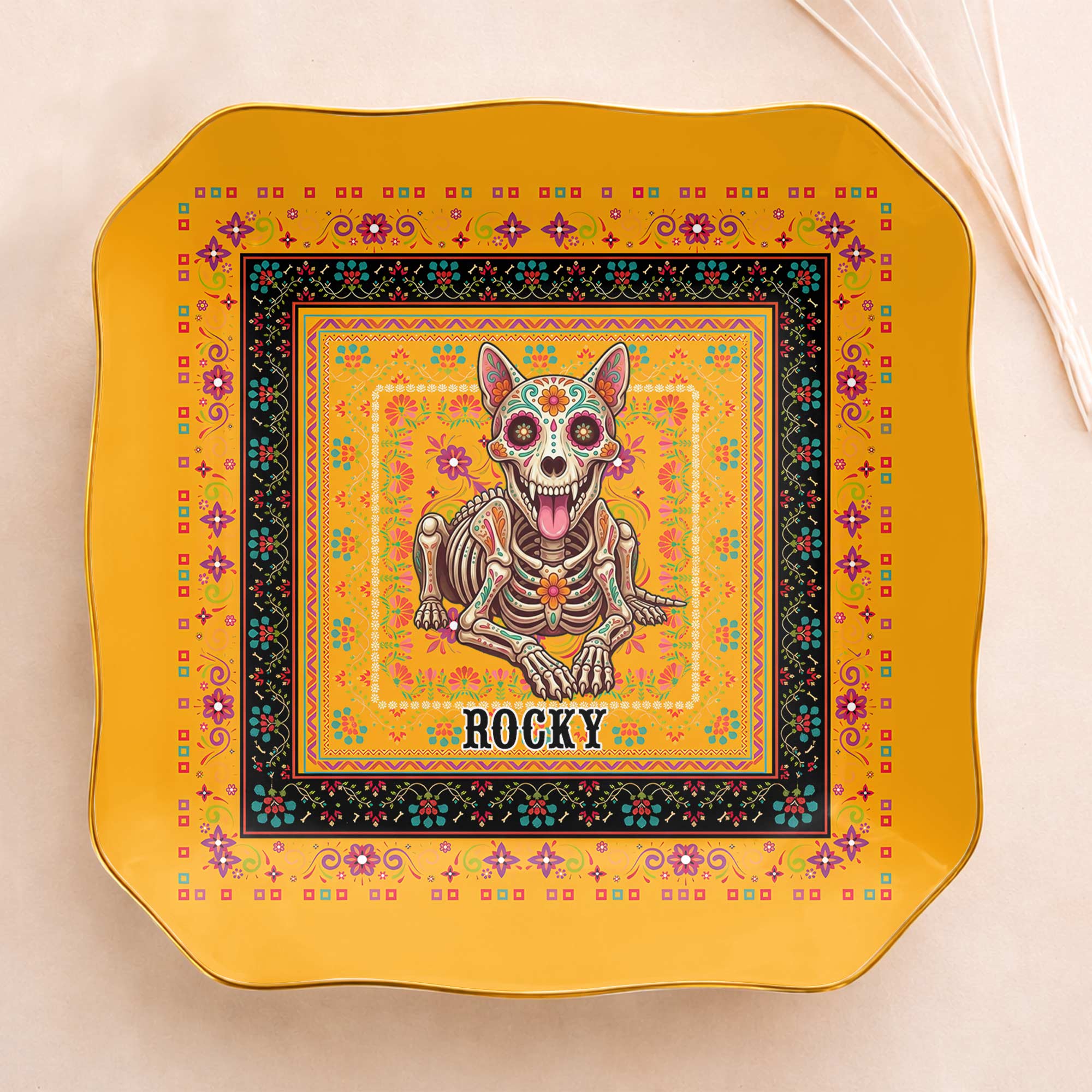 Personalized Sugar Skull Jewelry Dish Custom Name Ring Holder for Dog Lovers Lace Square Jewelry Dish GradoCreations