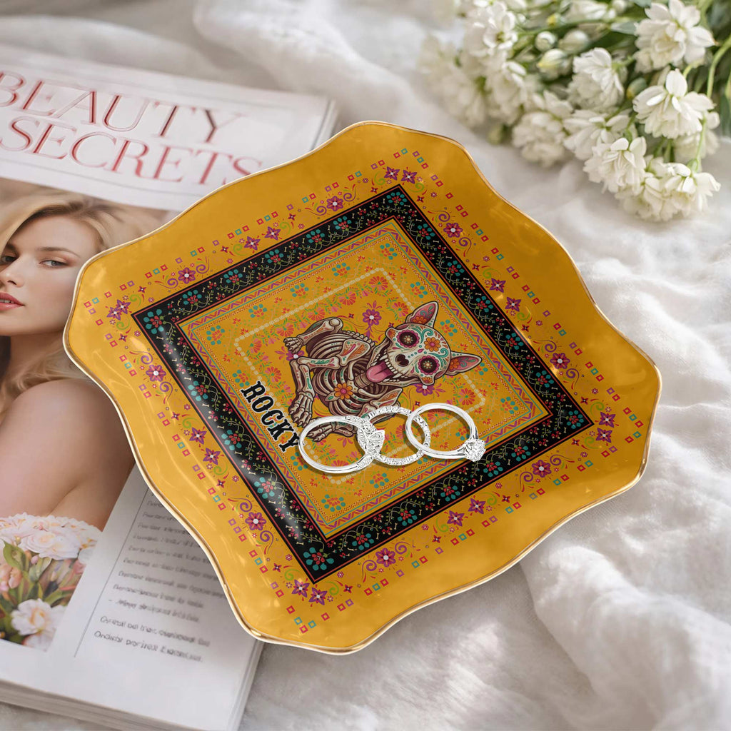 Personalized Sugar Skull Jewelry Dish Custom Name Ring Holder for Dog Lovers Lace Square Jewelry Dish GradoCreations