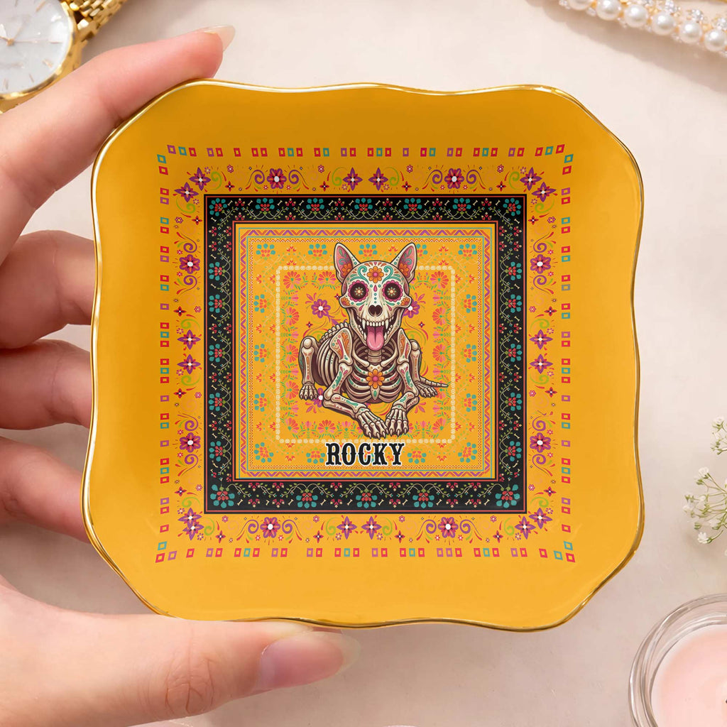 Personalized Sugar Skull Jewelry Dish Custom Name Ring Holder for Dog Lovers Lace Square Jewelry Dish GradoCreations