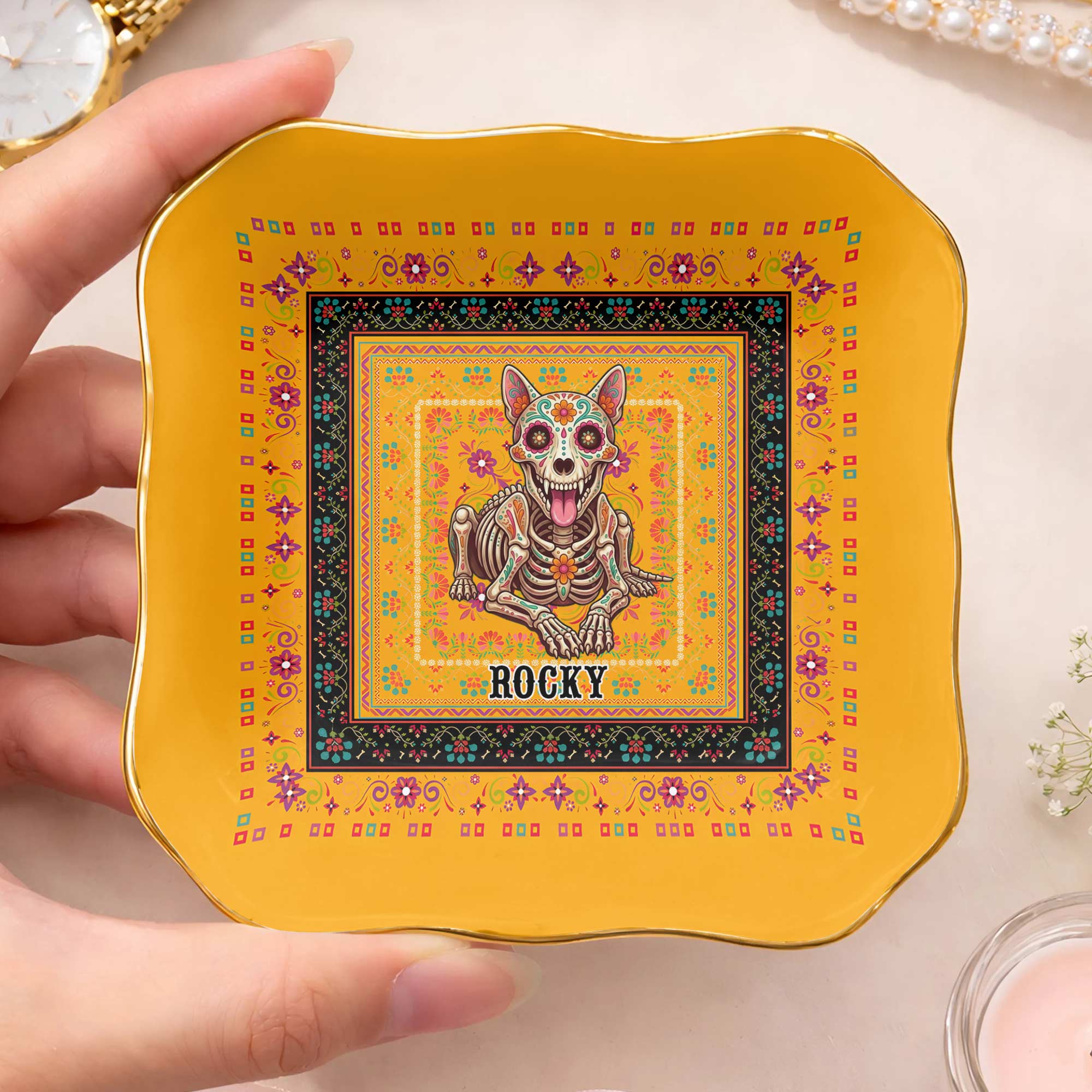 Personalized Sugar Skull Jewelry Dish Custom Name Ring Holder for Dog Lovers Lace Square Jewelry Dish GradoCreations