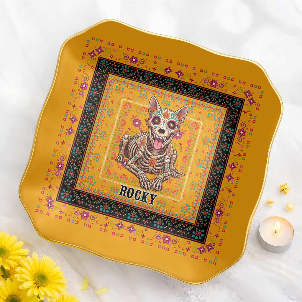 Personalized Sugar Skull Jewelry Dish Custom Name Ring Holder for Dog Lovers Lace Square Jewelry Dish GradoCreations