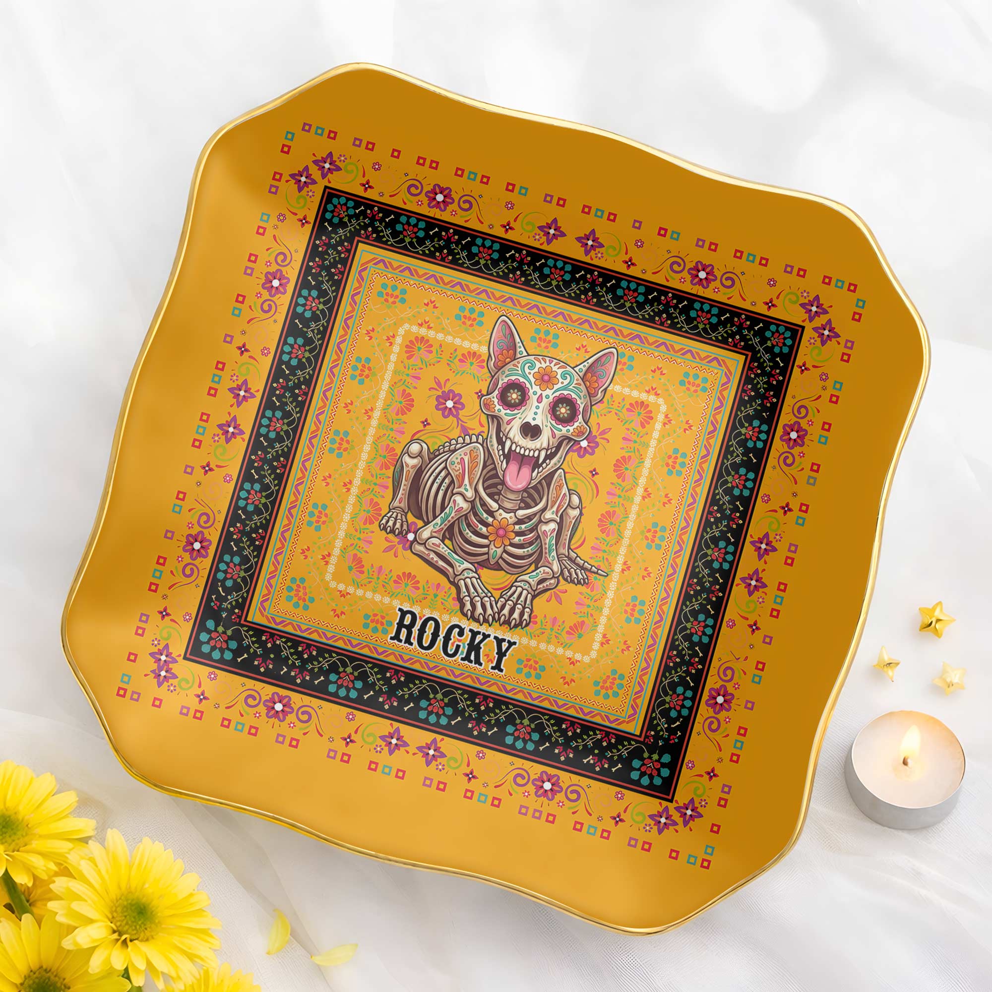 Personalized Sugar Skull Jewelry Dish Custom Name Ring Holder for Dog Lovers Lace Square Jewelry Dish GradoCreations