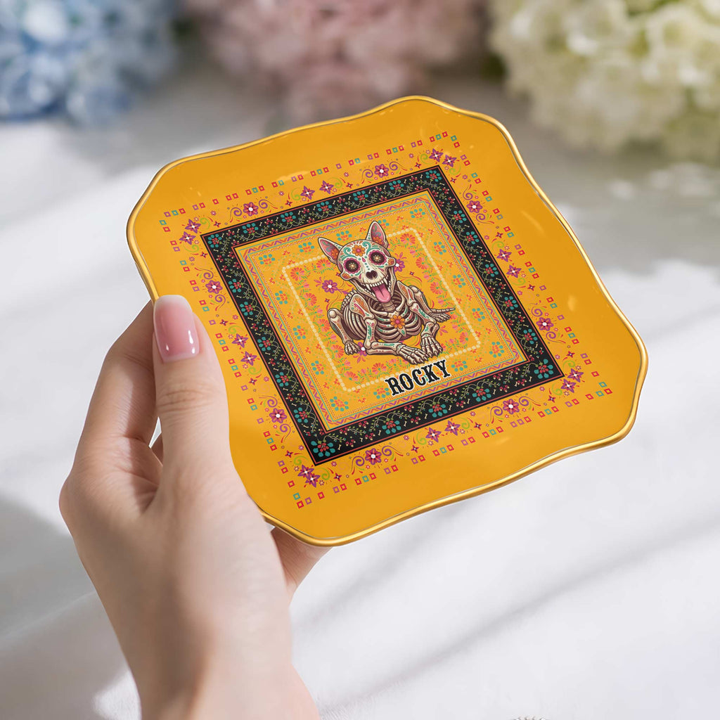 Personalized Sugar Skull Jewelry Dish Custom Name Ring Holder for Dog Lovers Lace Square Jewelry Dish GradoCreations
