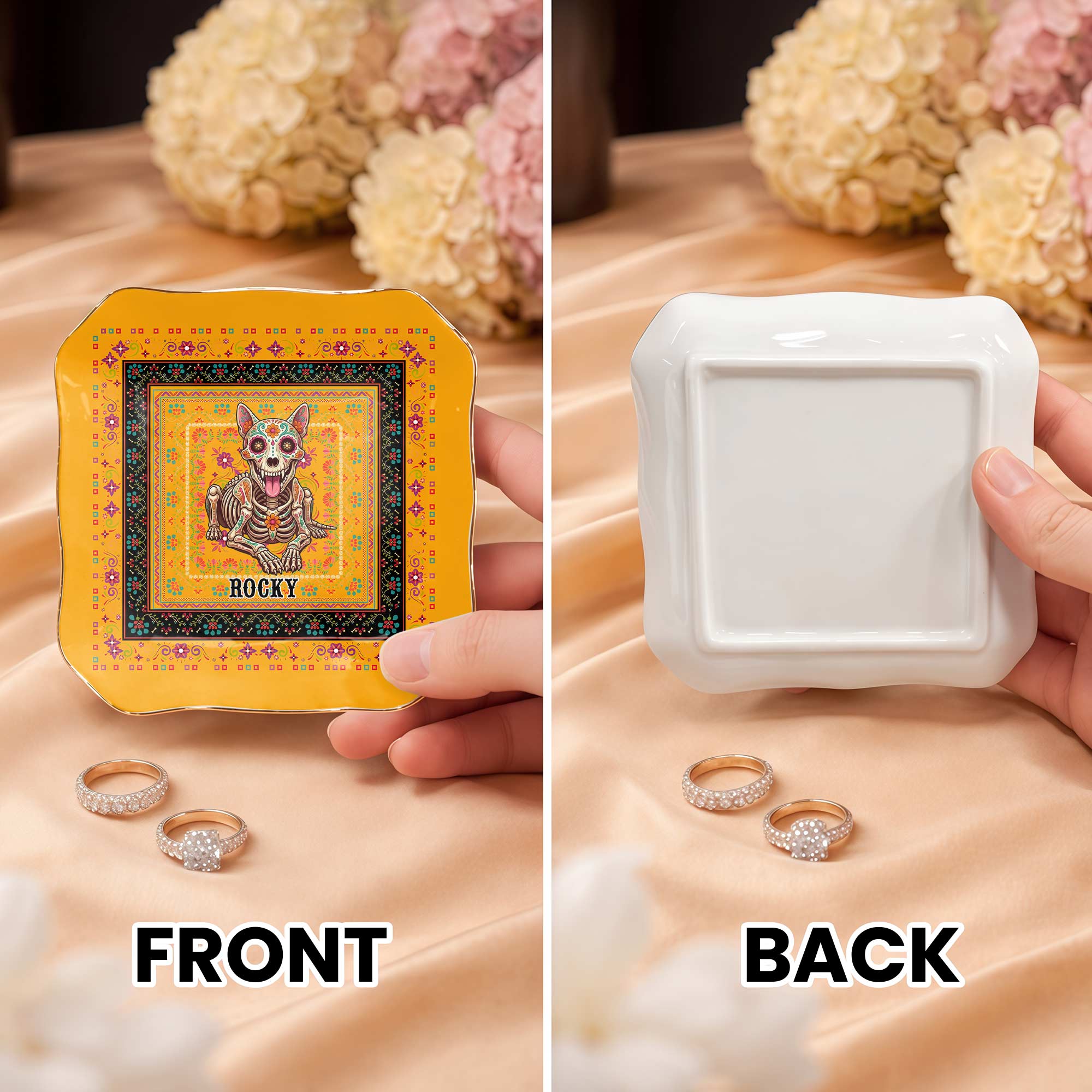 Personalized Sugar Skull Jewelry Dish Custom Name Ring Holder for Dog Lovers Lace Square Jewelry Dish GradoCreations