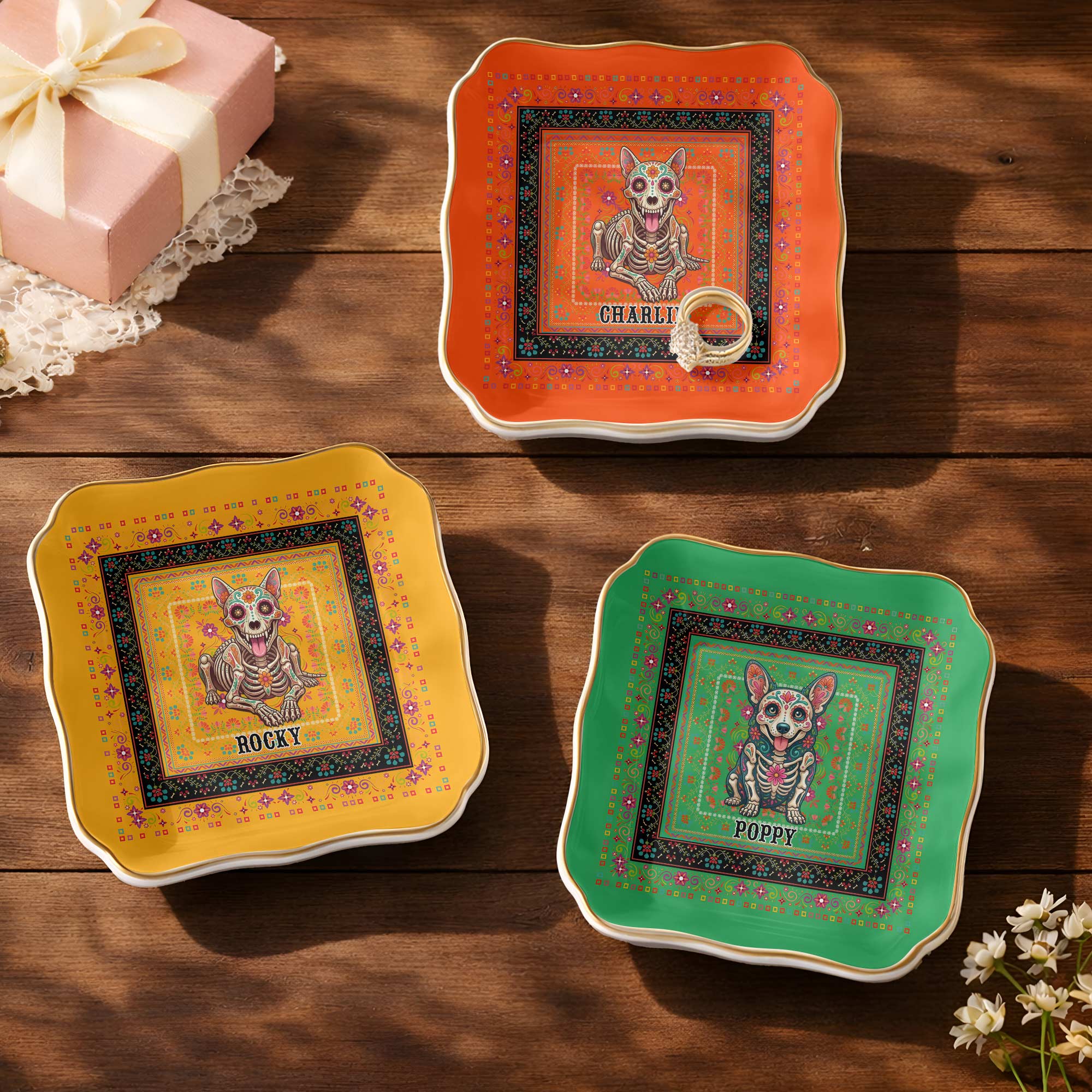 Personalized Sugar Skull Jewelry Dish Custom Name Ring Holder for Dog Lovers Lace Square Jewelry Dish GradoCreations