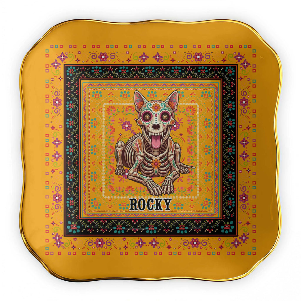 Personalized Sugar Skull Jewelry Dish Custom Name Ring Holder for Dog Lovers Lace Square Jewelry Dish GradoCreations
