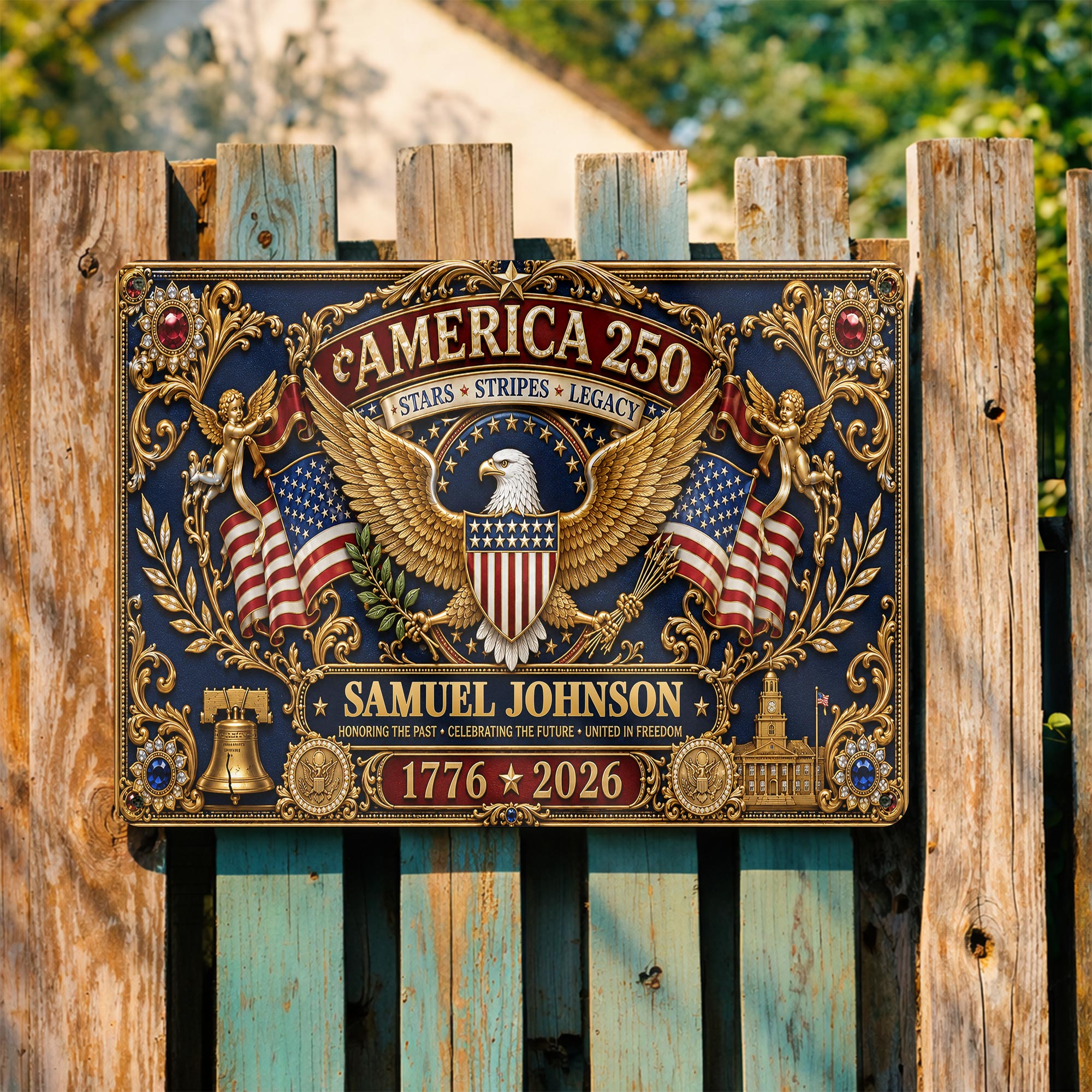 Personalized Metal Sign USA Eagle Liberty Bell Custom Gift Metal Sign GradoCreations