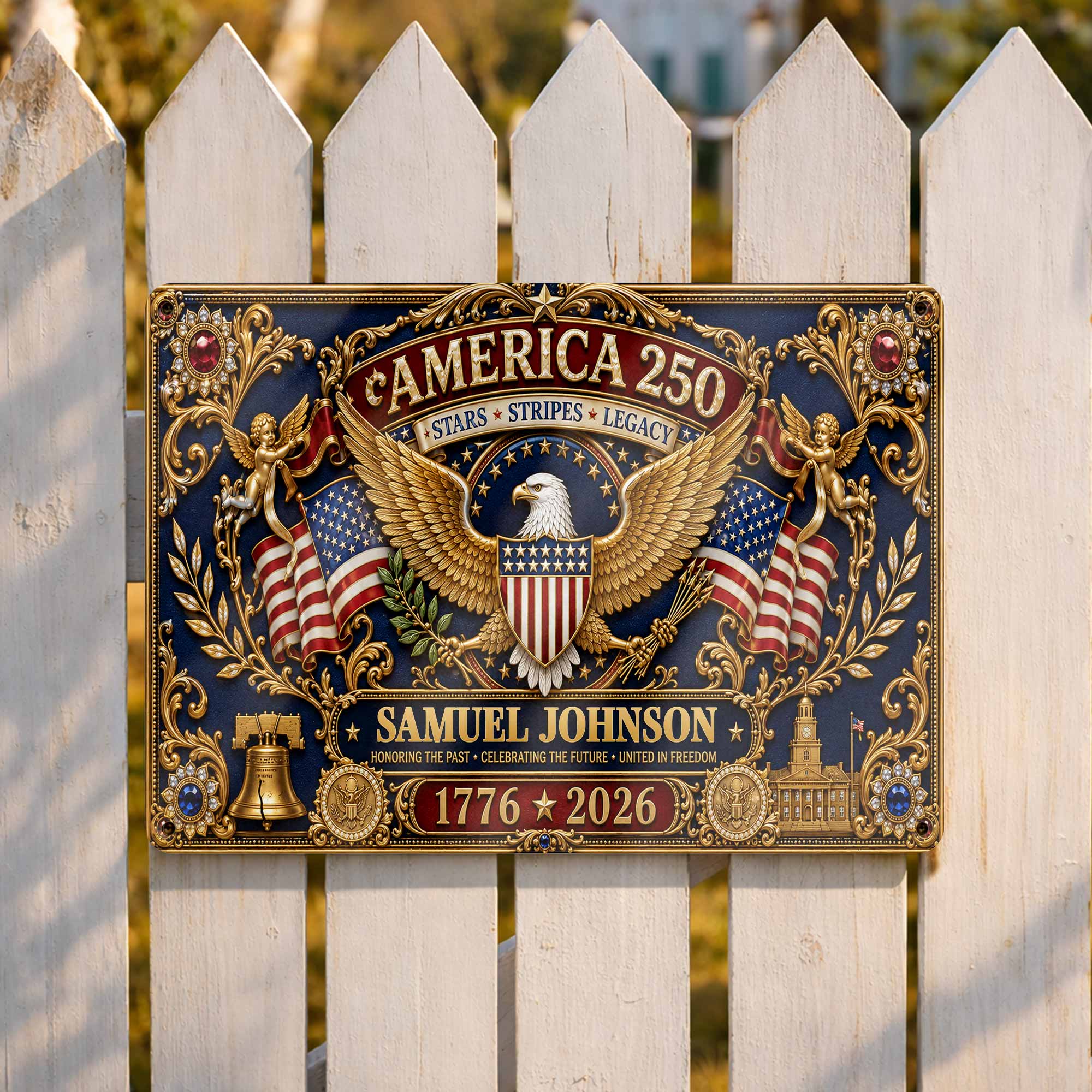 Personalized Metal Sign USA Eagle Liberty Bell Custom Gift Metal Sign GradoCreations