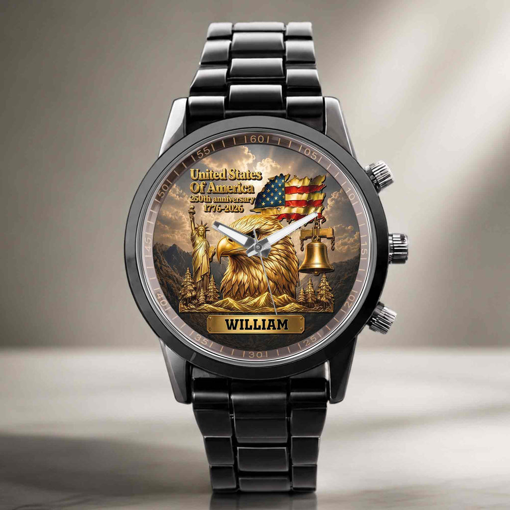 Personalized Men's Watch Custom Name Eagle US Flag Gift for Dad Men's Watch GradoCreations