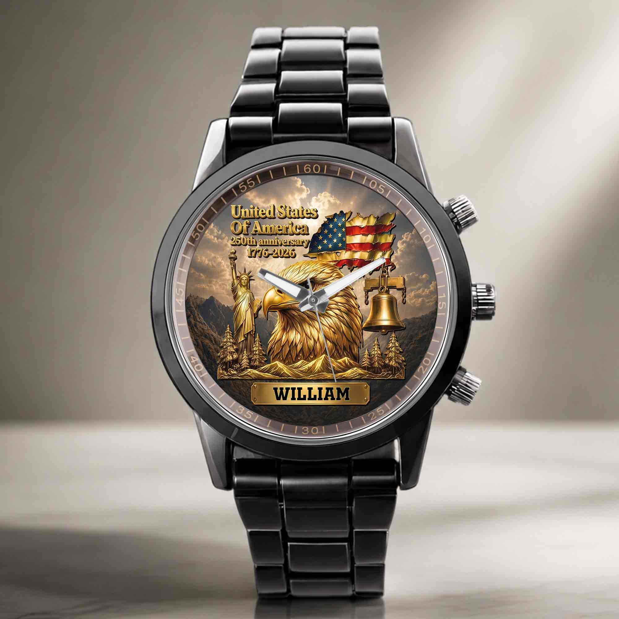 Personalized Men's Watch Custom Name Eagle US Flag Gift for Dad Men's Watch GradoCreations