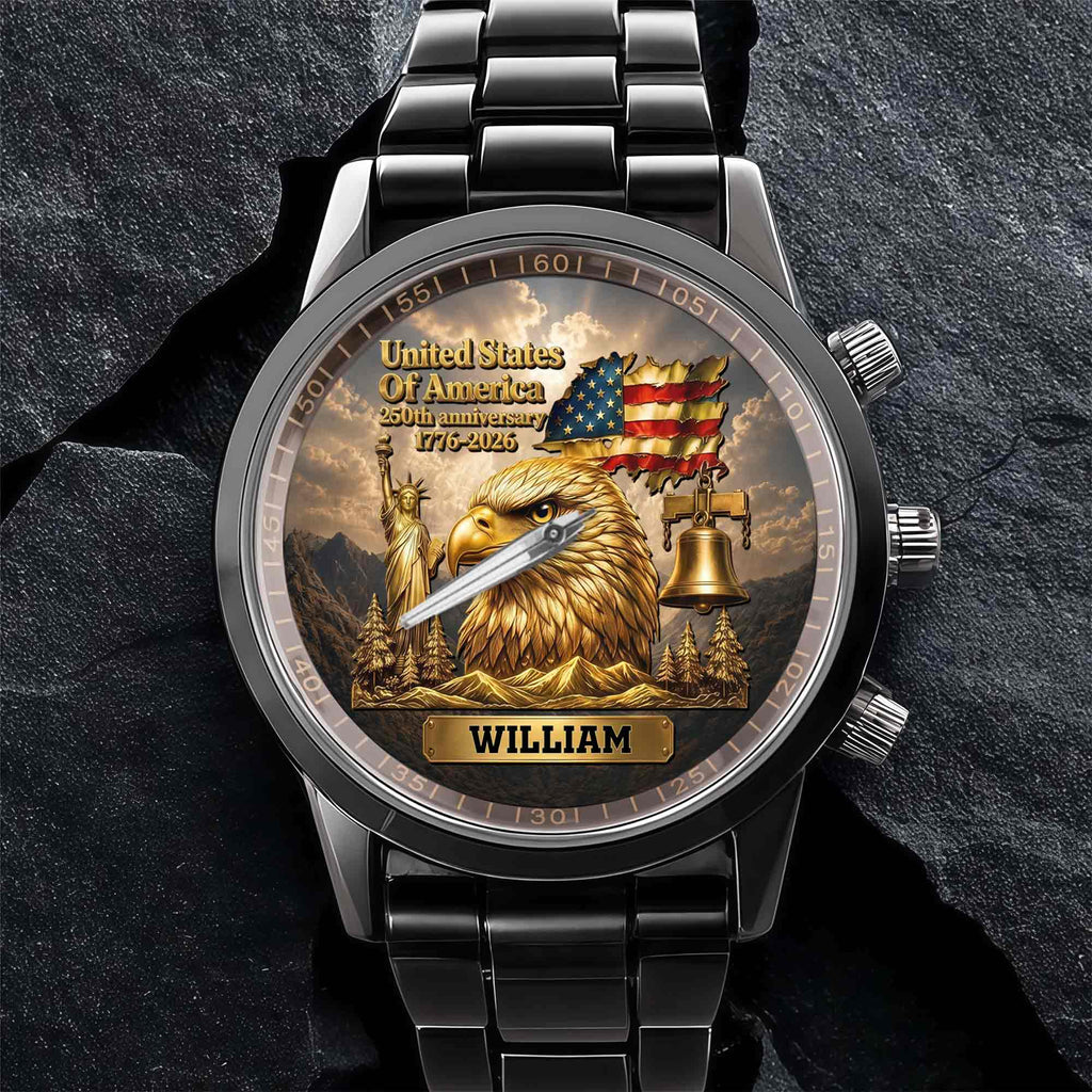 Personalized Men's Watch Custom Name Eagle US Flag Gift for Dad Men's Watch GradoCreations