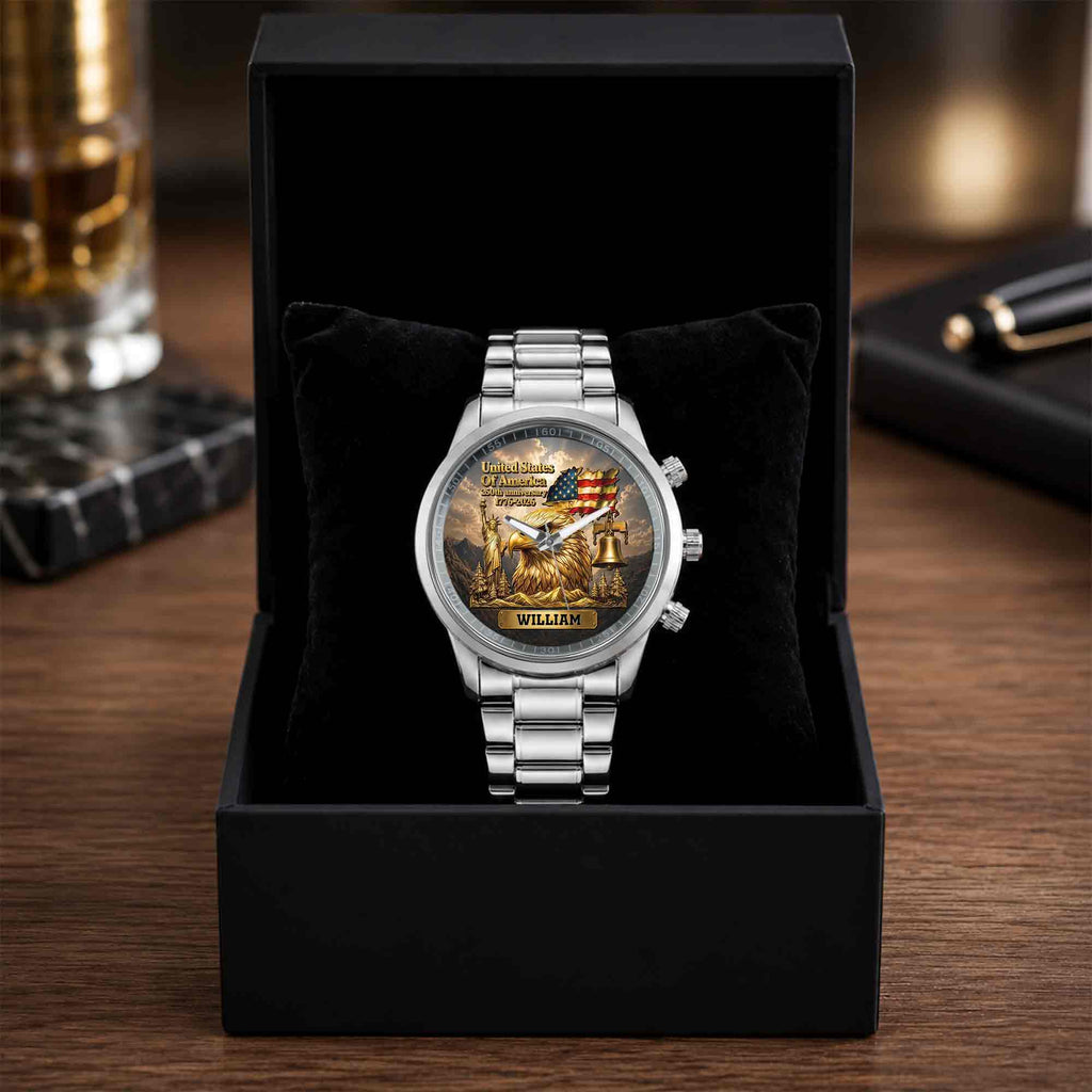 Personalized Men's Watch Custom Name Eagle US Flag Gift for Dad Men's Watch GradoCreations