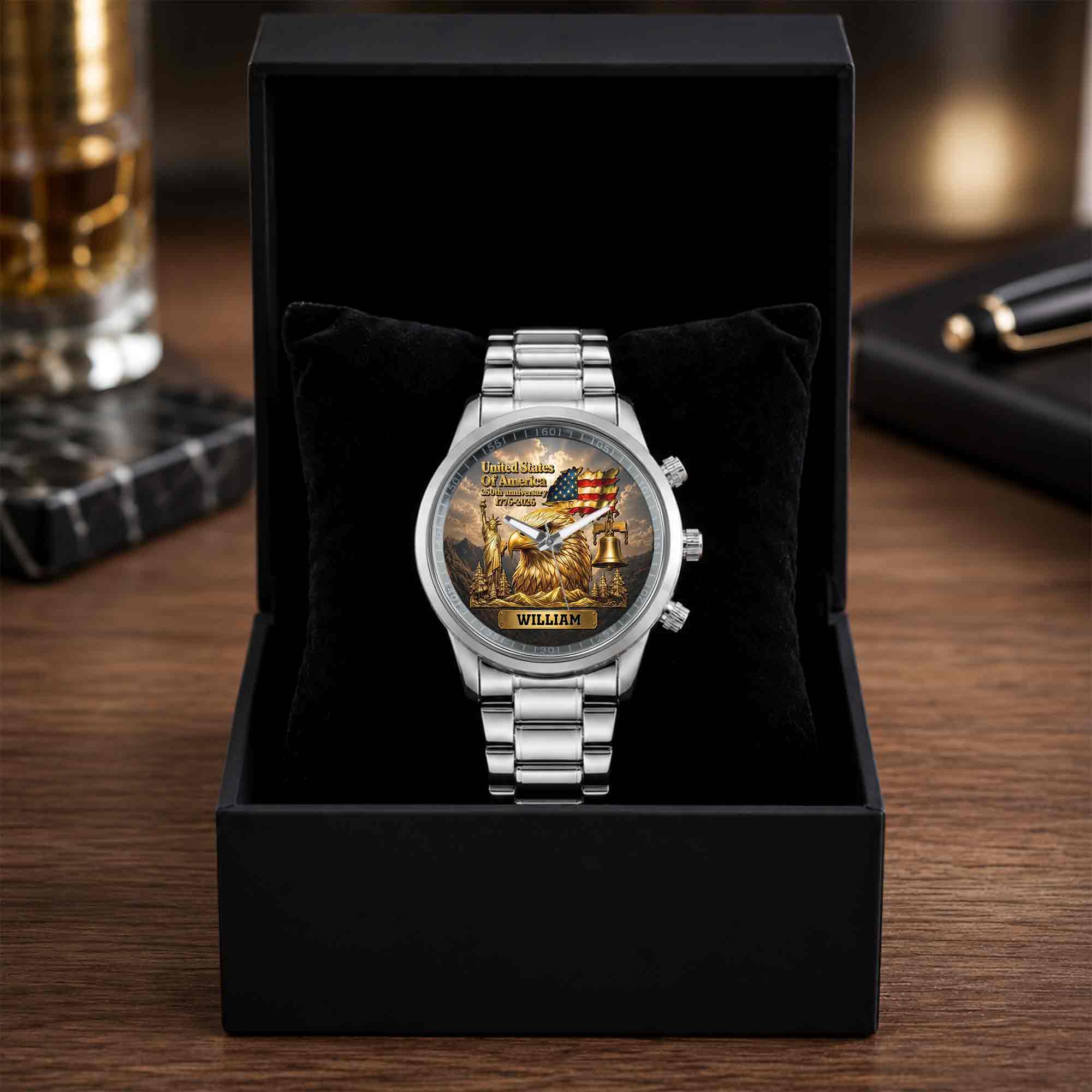 Personalized Men's Watch Custom Name Eagle US Flag Gift for Dad Men's Watch GradoCreations