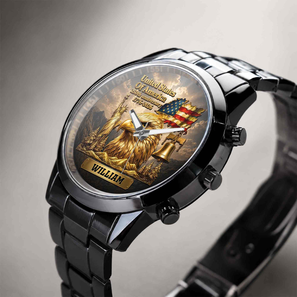 Personalized Men's Watch Custom Name Eagle US Flag Gift for Dad Men's Watch GradoCreations