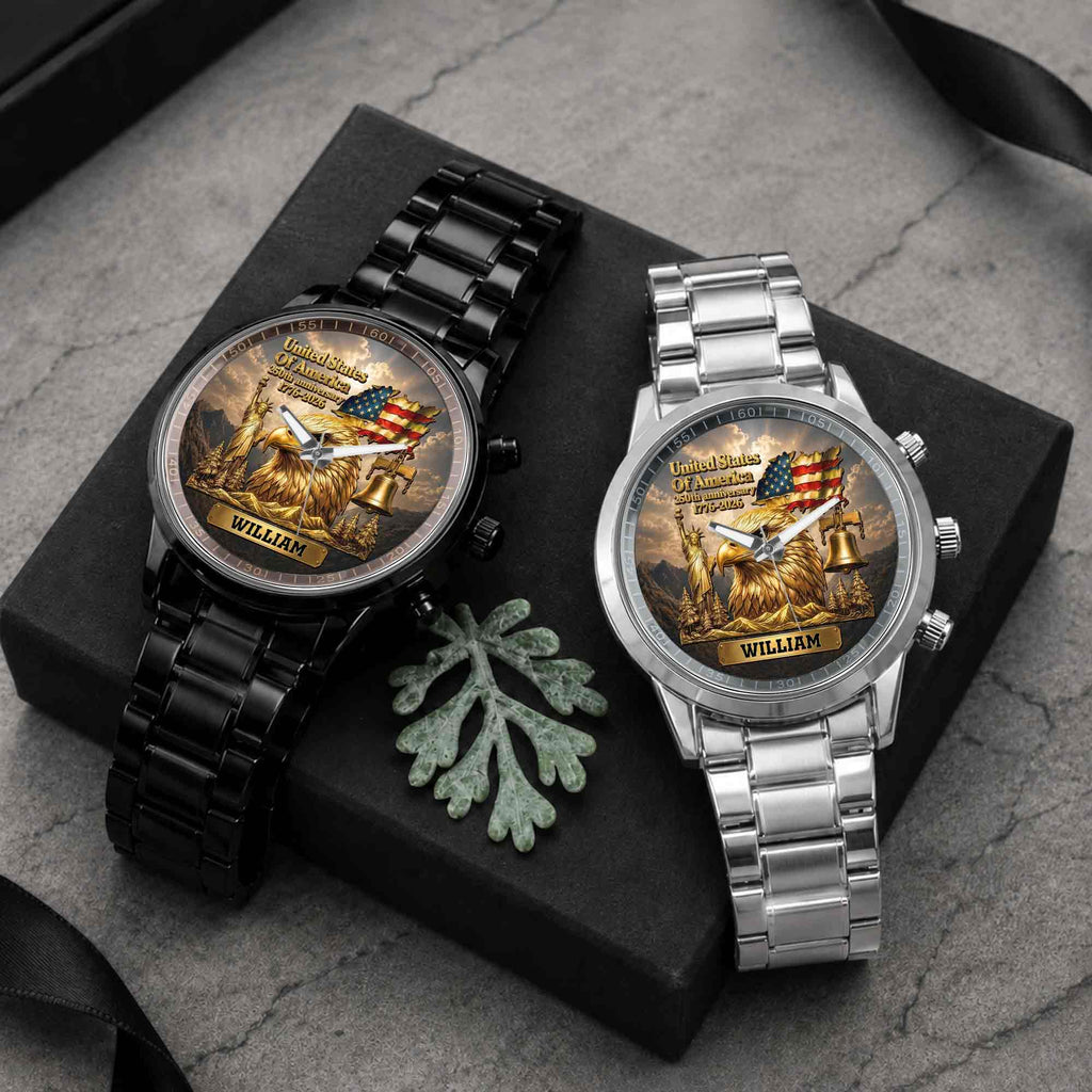 Personalized Men's Watch Custom Name Eagle US Flag Gift for Dad Men's Watch GradoCreations