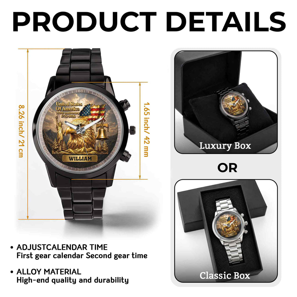 Personalized Men's Watch Custom Name Eagle US Flag Gift for Dad Men's Watch GradoCreations