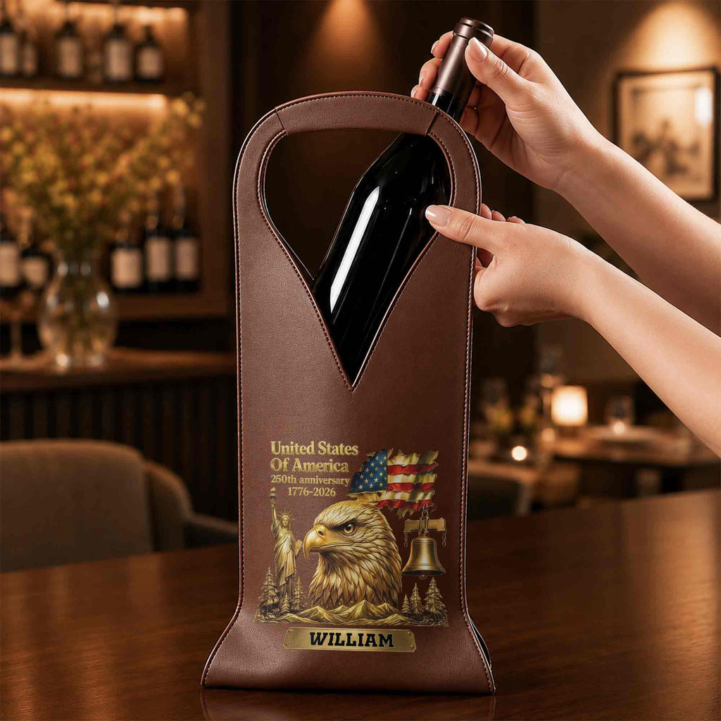 Personalized Leather Wine Bag Custom Name Gift for Dad 4th of July Leather Wine Bag GradoCreations