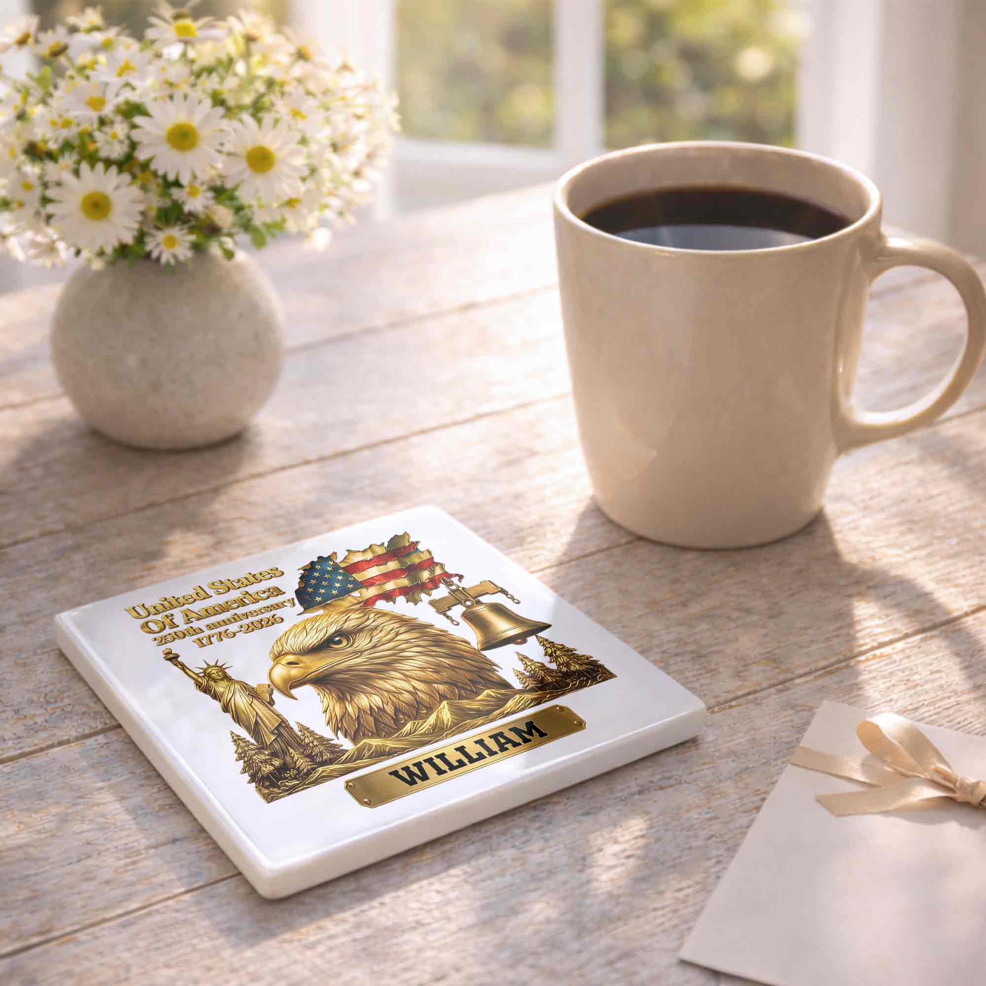 Personalized Square Ceramic Coaster USA 250th Anniversary Gift for Dad Square Ceramic Coaster GradoCreations