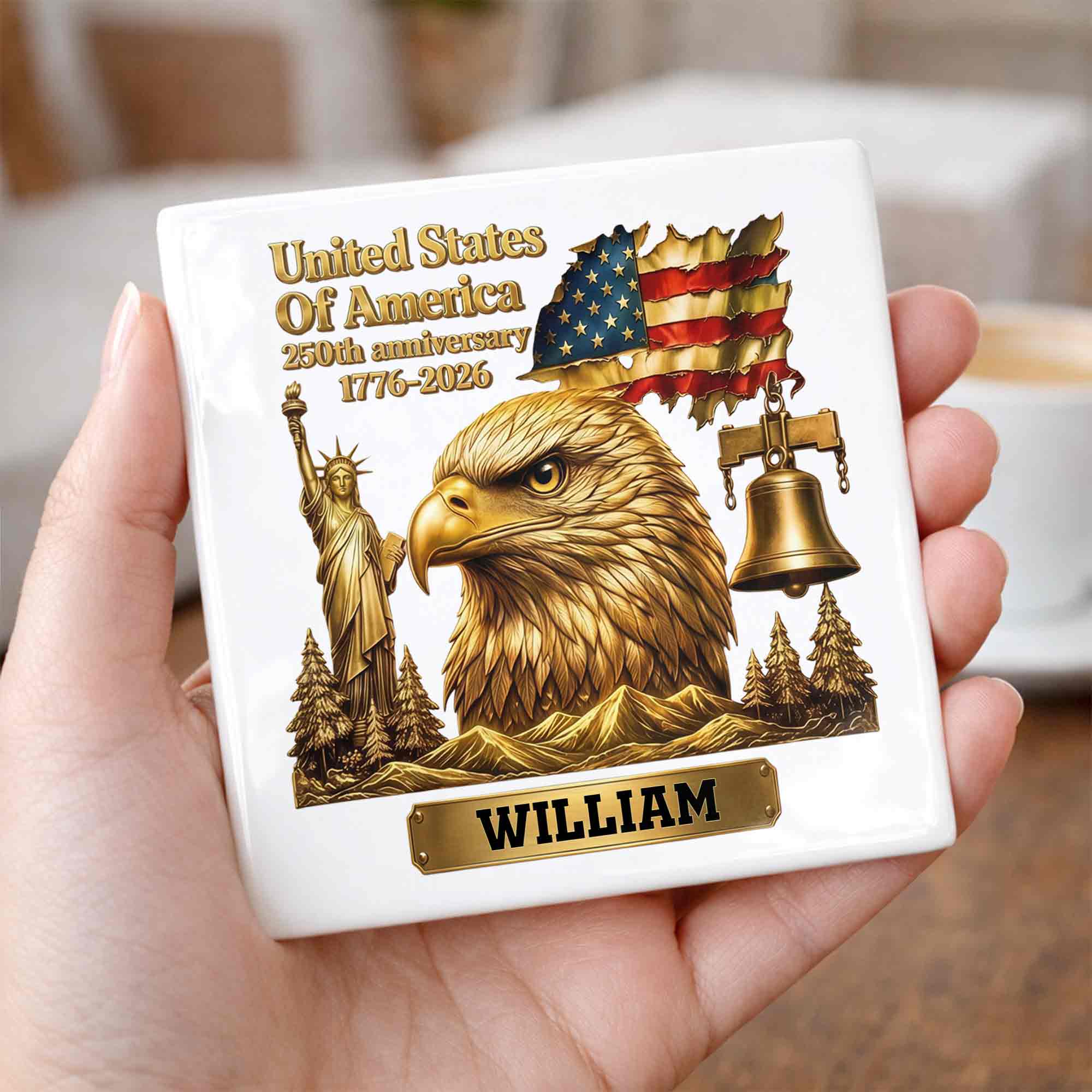 Personalized Square Ceramic Coaster USA 250th Anniversary Gift for Dad Square Ceramic Coaster GradoCreations