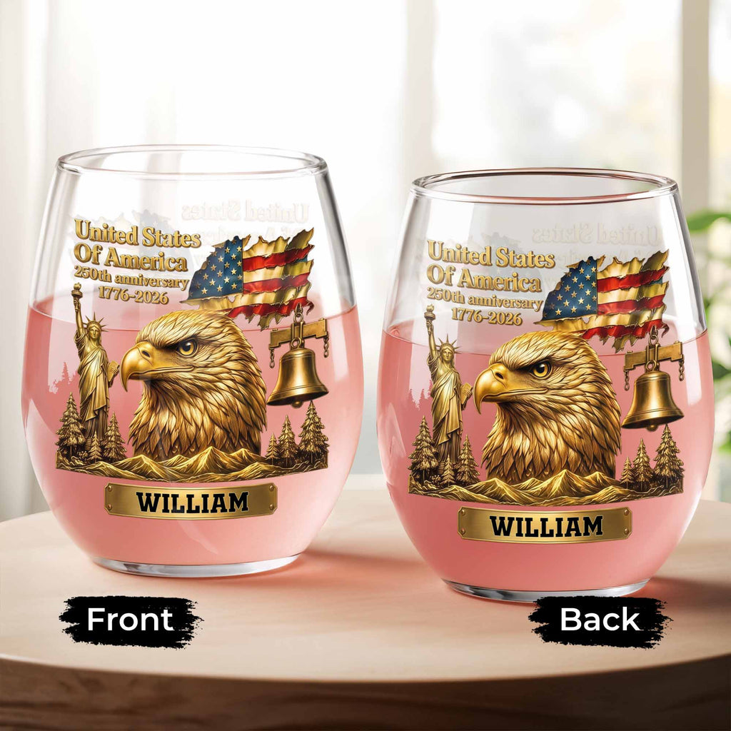 Personalized 15oz Stemless Wine Glass Eagle Flag Gift for Dad Wine Glasses GradoCreations