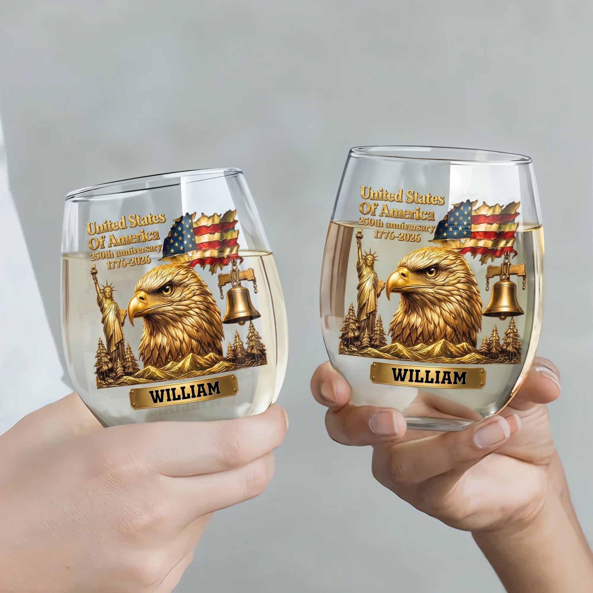 Personalized 15oz Stemless Wine Glass Eagle Flag Gift for Dad Wine Glasses GradoCreations
