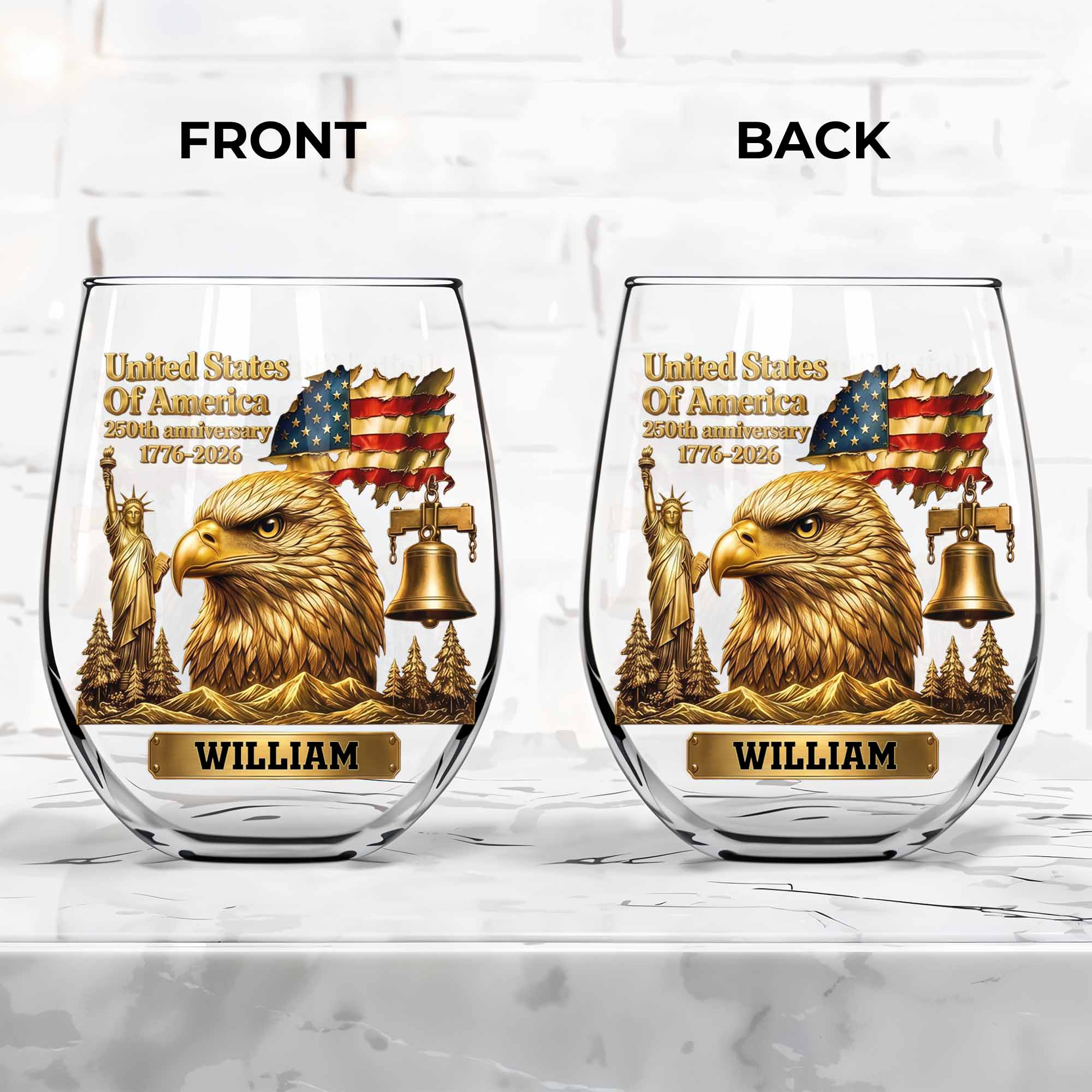 Personalized 15oz Stemless Wine Glass Eagle Flag Gift for Dad Wine Glasses GradoCreations