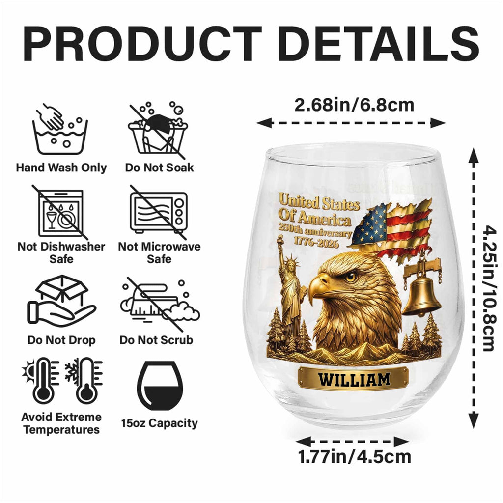 Personalized 15oz Stemless Wine Glass Eagle Flag Gift for Dad Wine Glasses GradoCreations