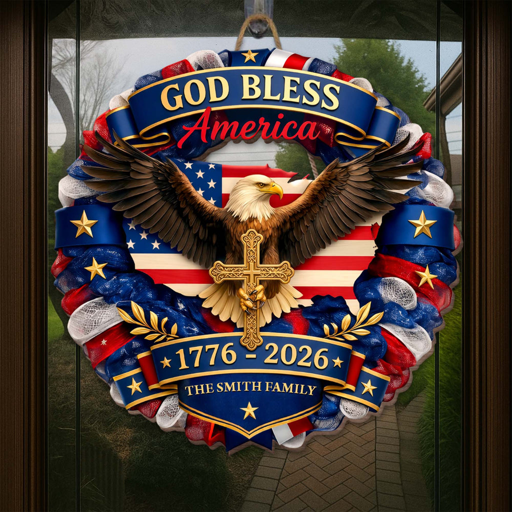 Custom Shaped Wood Sign with Eagle, American Flag & Cross - Personalized Family Gift for 4th of July