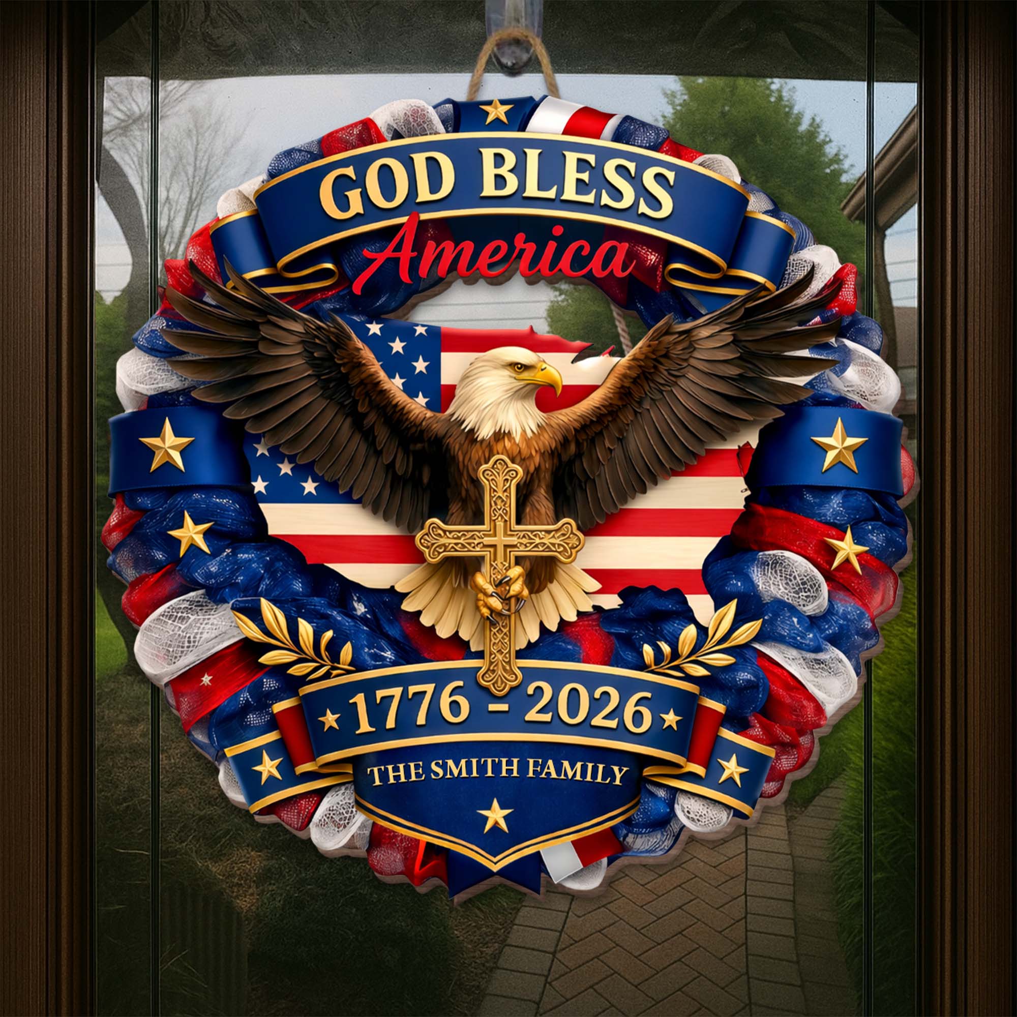 Custom Shaped Wood Sign with Eagle, American Flag & Cross - Personalized Family Gift for 4th of July