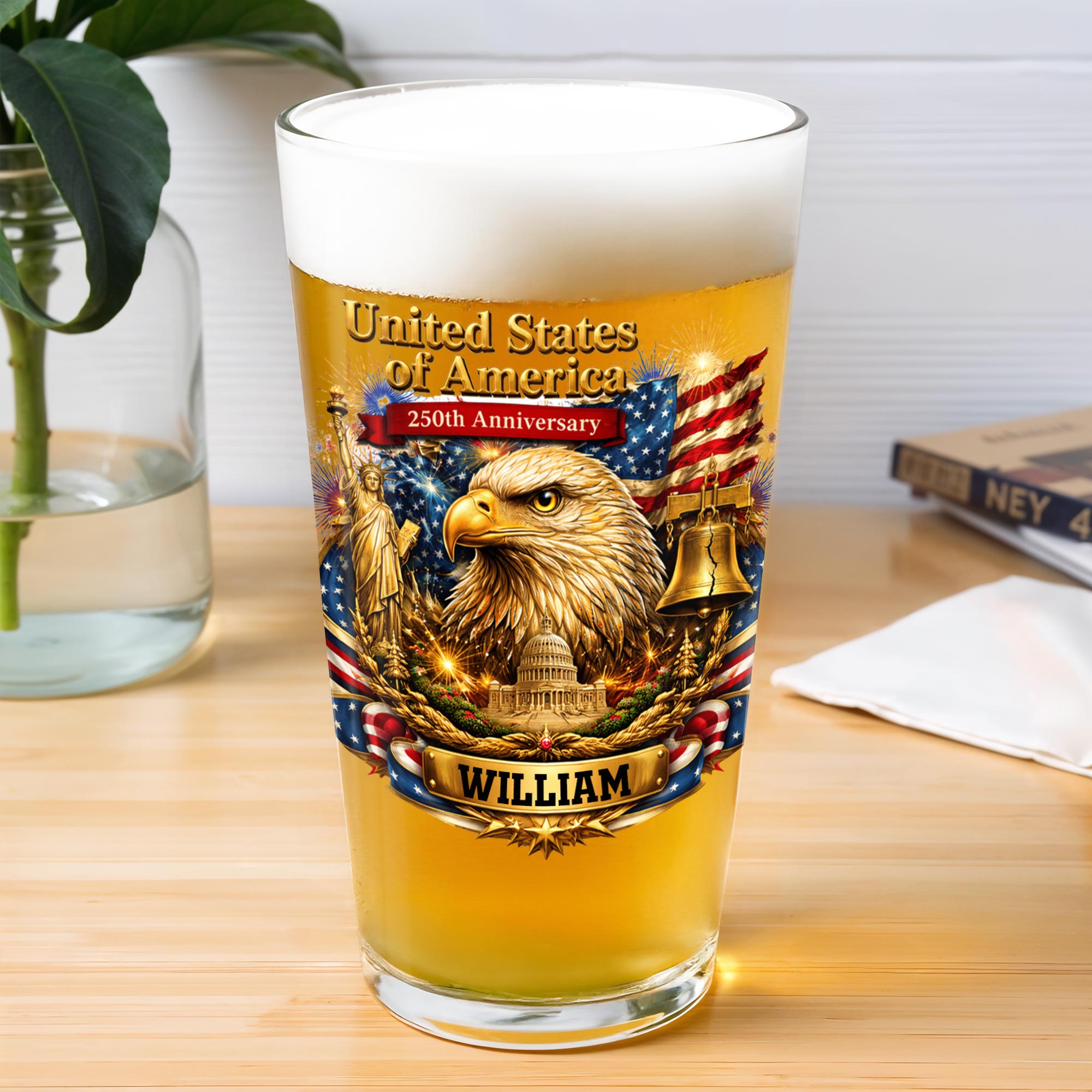 Personalized Custom Beer Glass USA Flag Eagle Gift for Dad Beer Glasses GradoCreations