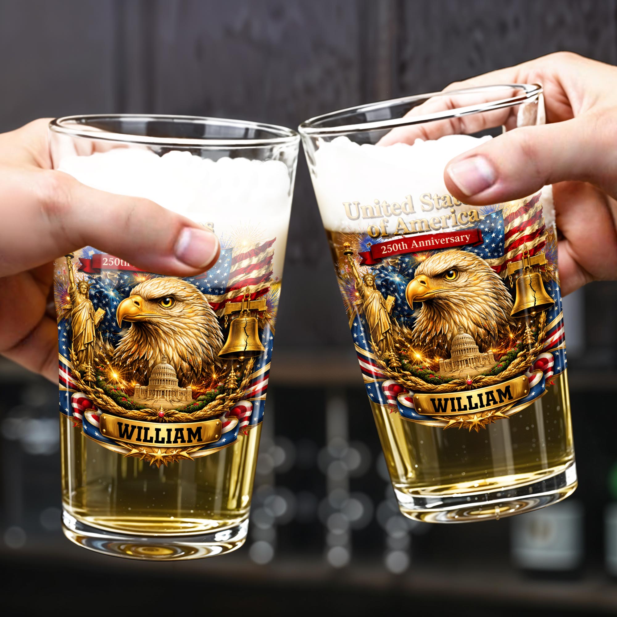 Personalized Custom Beer Glass USA Flag Eagle Gift for Dad Beer Glasses GradoCreations