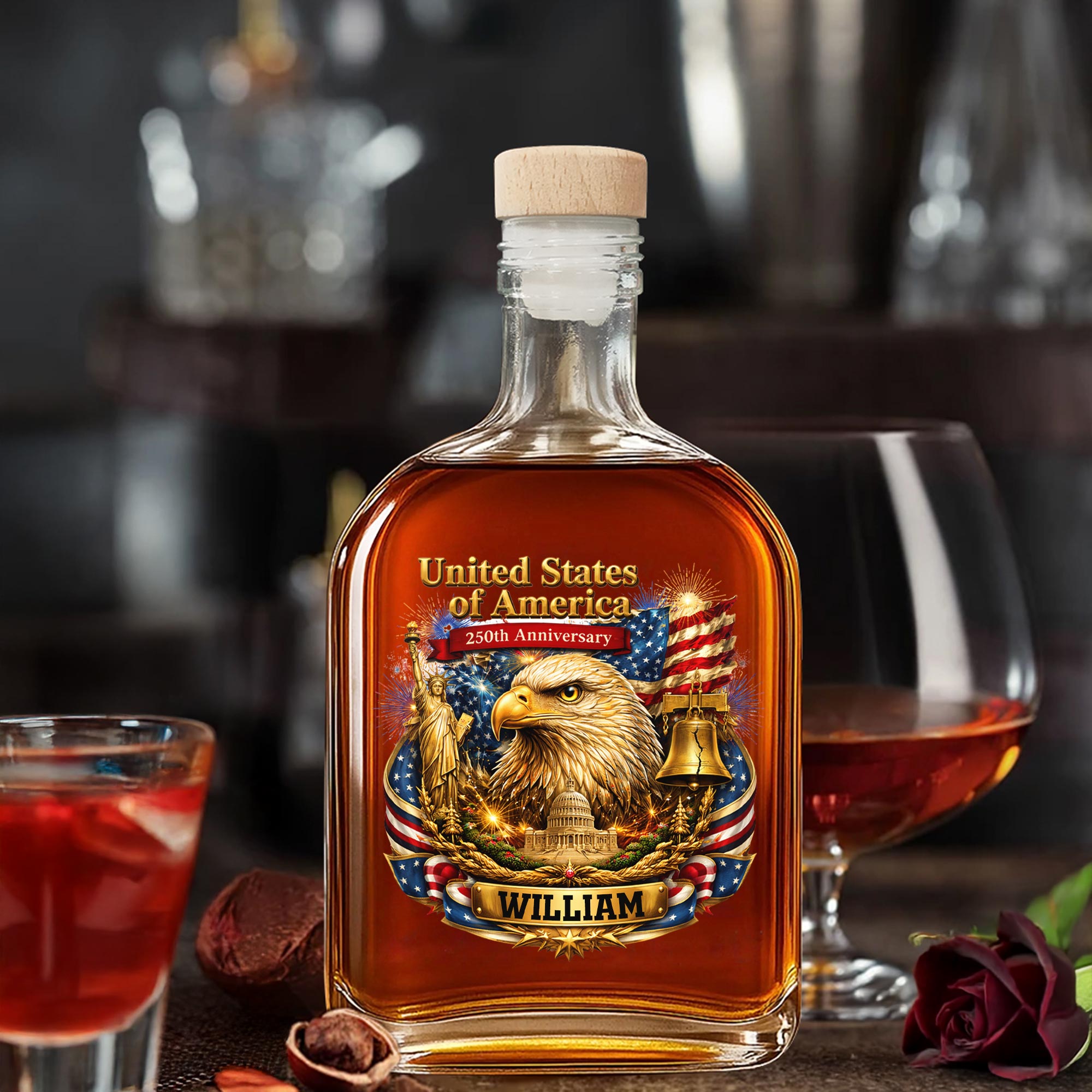 Personalized Whiskey Bottle with Eagle Liberty Bell Design Gift for Dad Whiskey Bottle GradoCreations