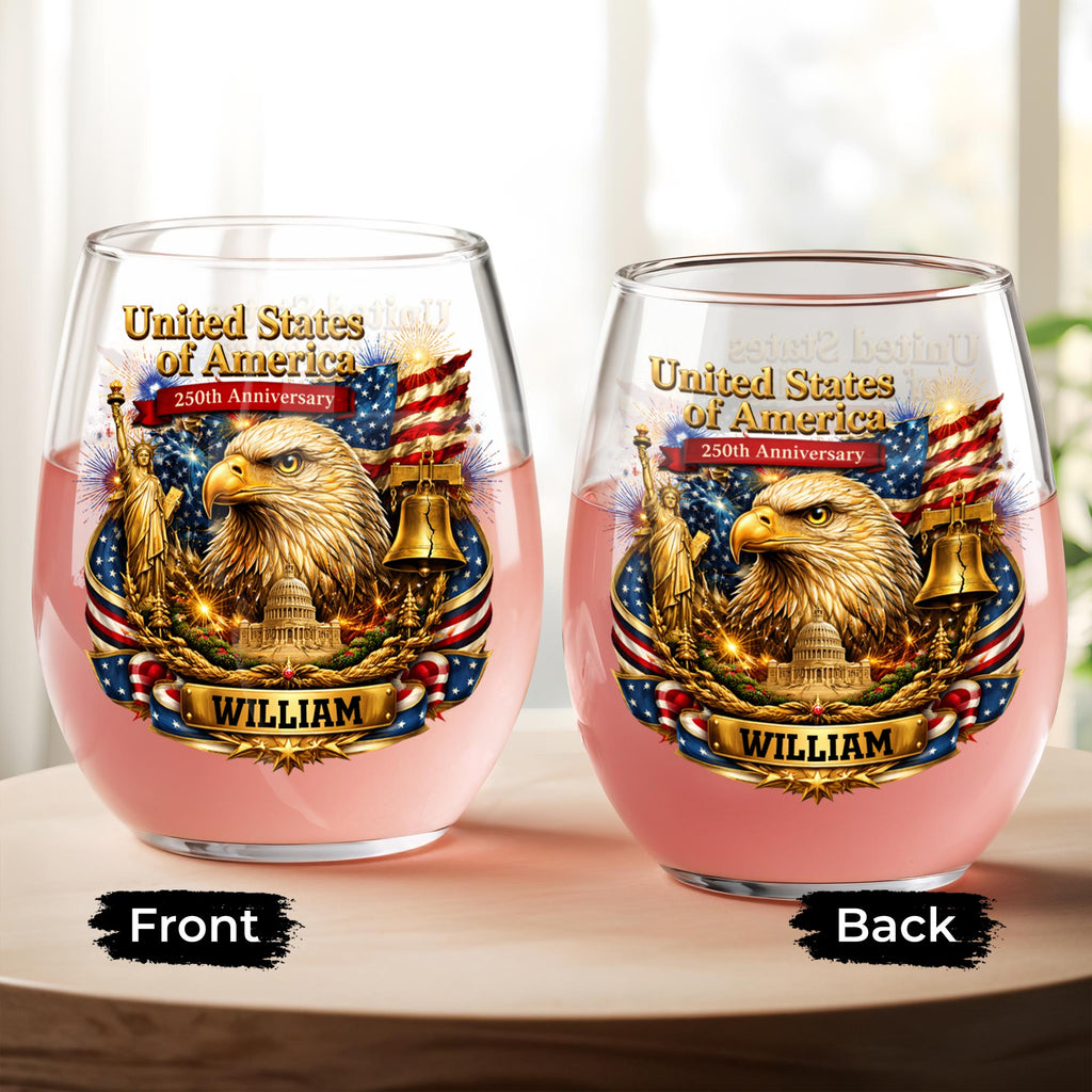 Personalized Stemless Wine Glass USA Flag Custom Name Gift Wine Glasses GradoCreations
