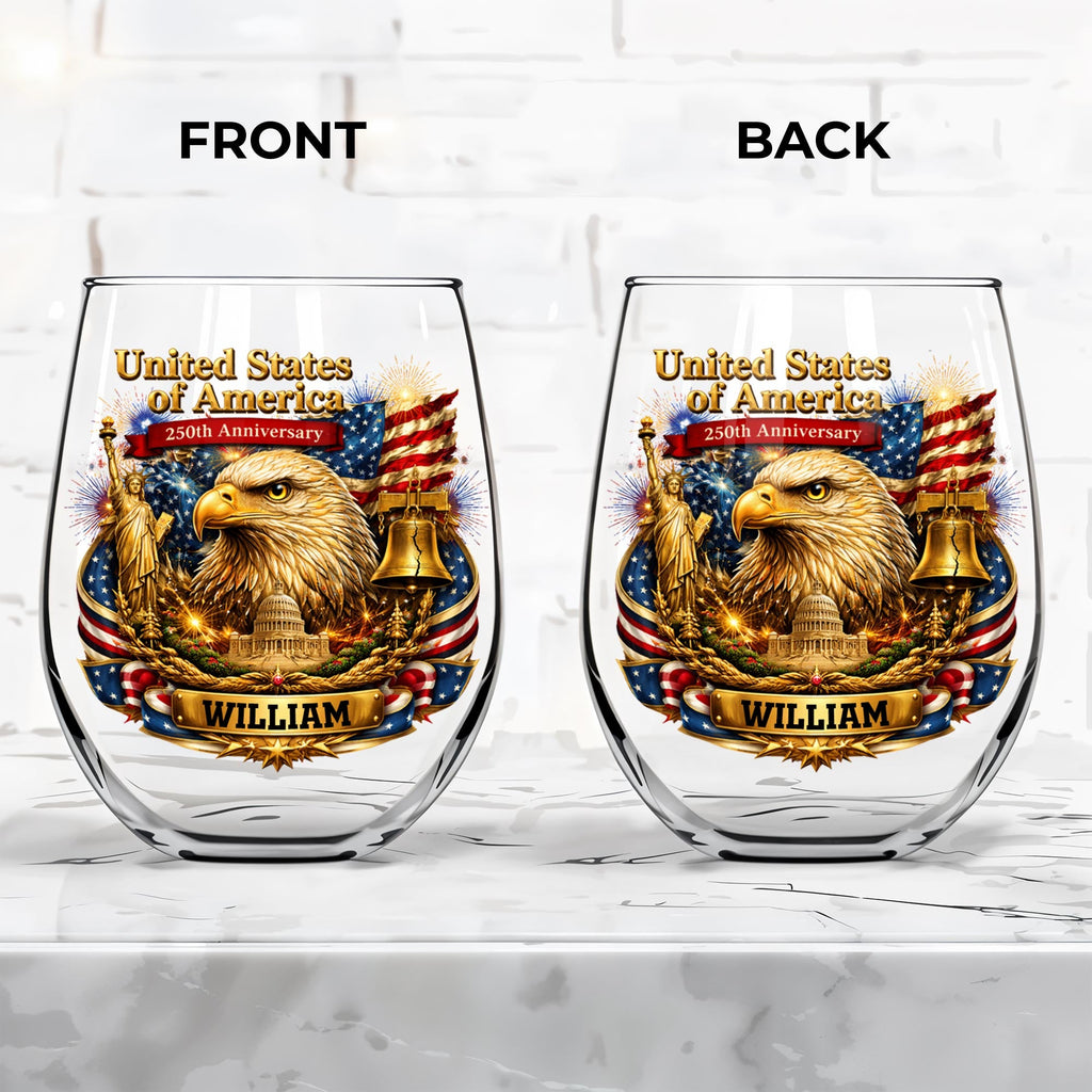 Personalized Stemless Wine Glass USA Flag Custom Name Gift Wine Glasses GradoCreations