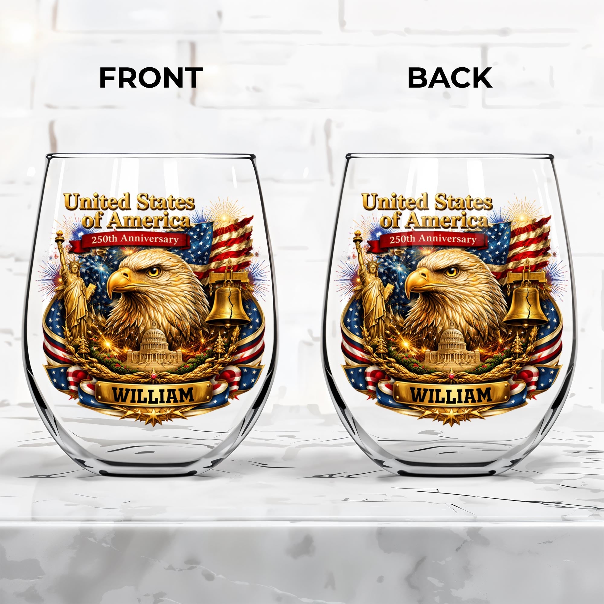 Personalized Stemless Wine Glass USA Flag Custom Name Gift Wine Glasses GradoCreations