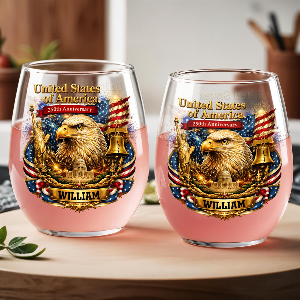 Personalized Stemless Wine Glass USA Flag Custom Name Gift Wine Glasses GradoCreations