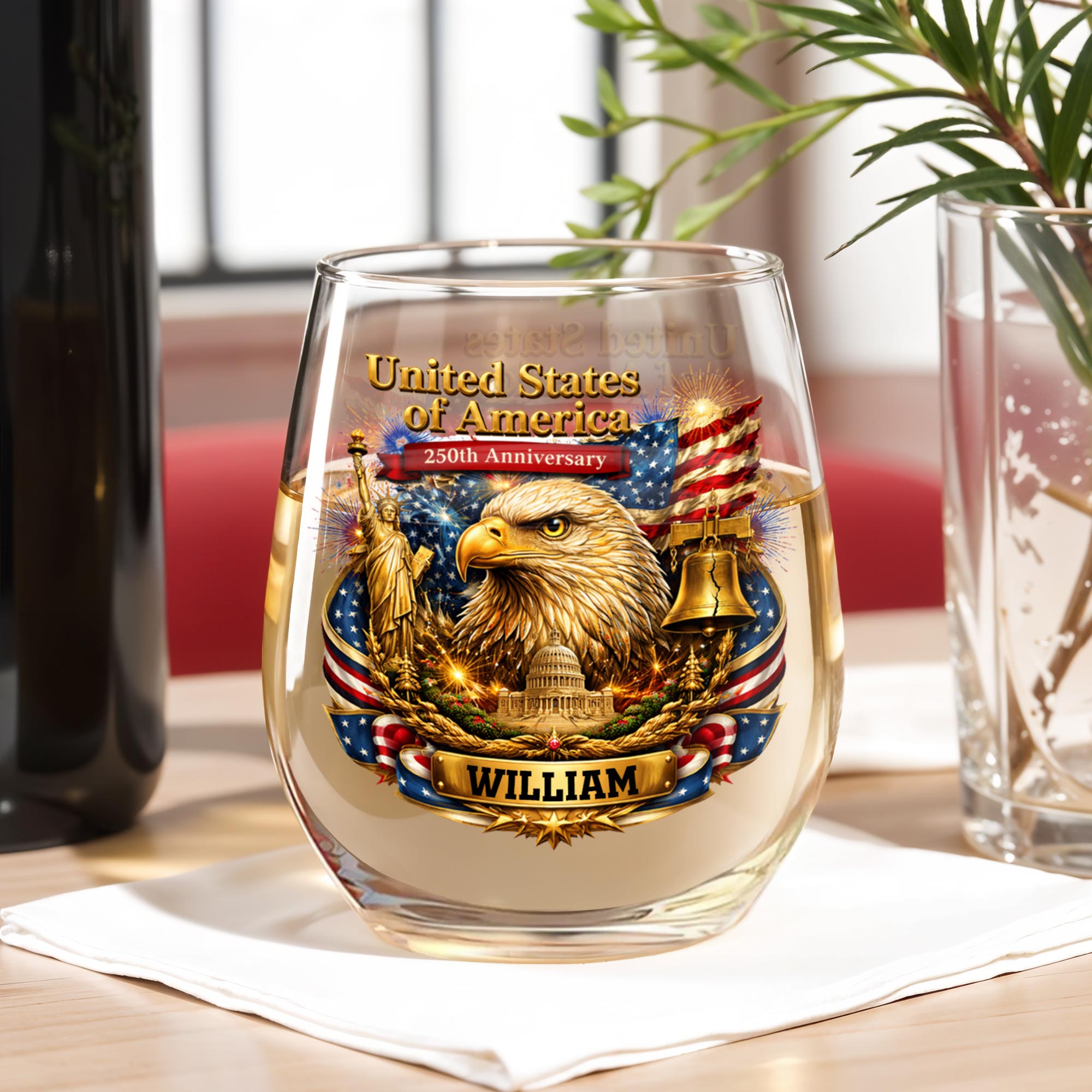 Personalized Stemless Wine Glass USA Flag Custom Name Gift Wine Glasses GradoCreations