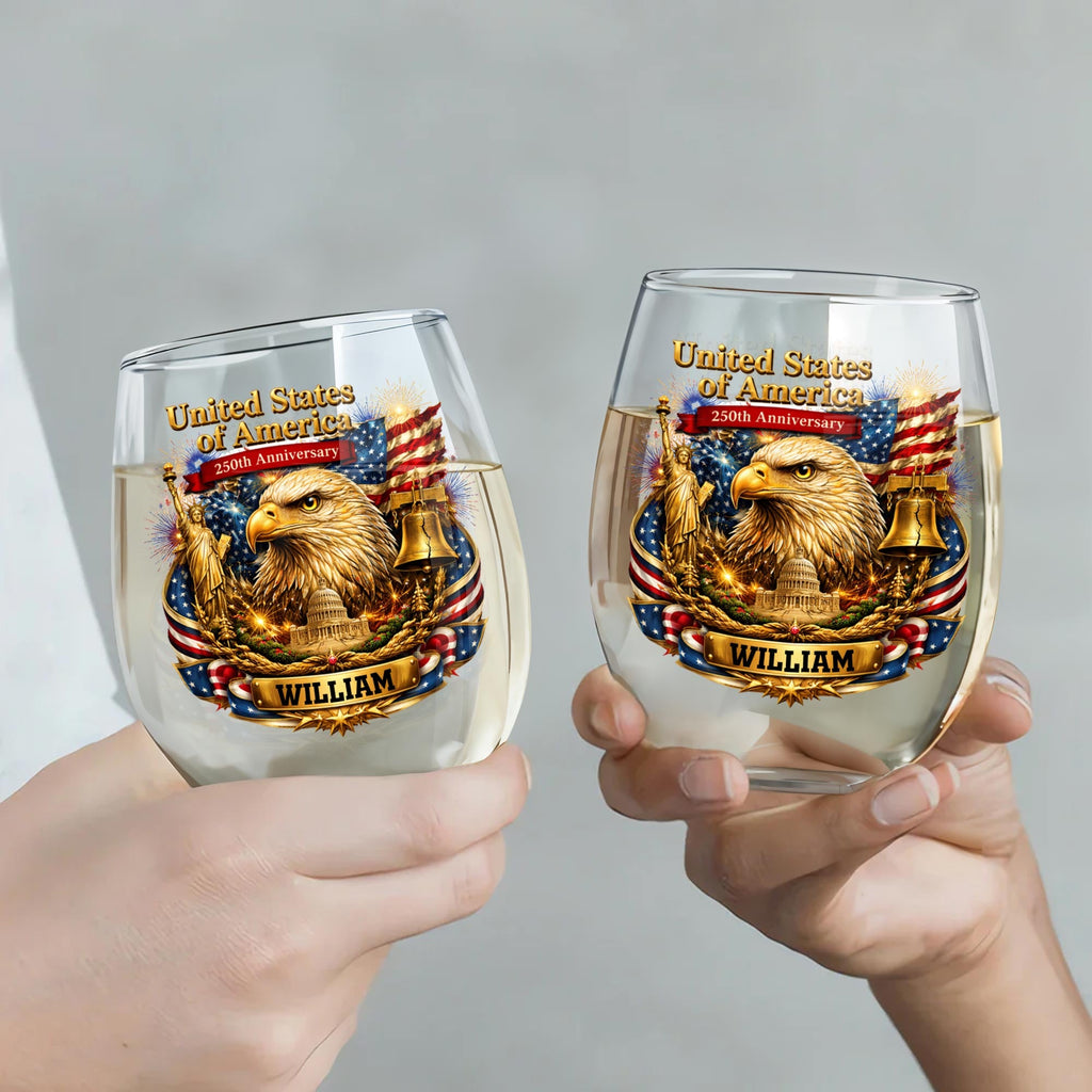 Personalized Stemless Wine Glass USA Flag Custom Name Gift Wine Glasses GradoCreations