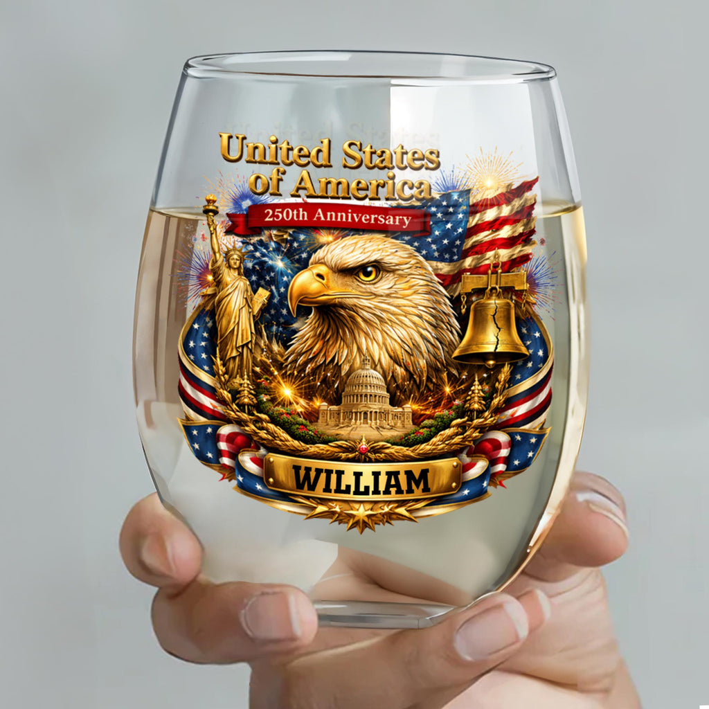 Personalized Stemless Wine Glass USA Flag Custom Name Gift Wine Glasses GradoCreations