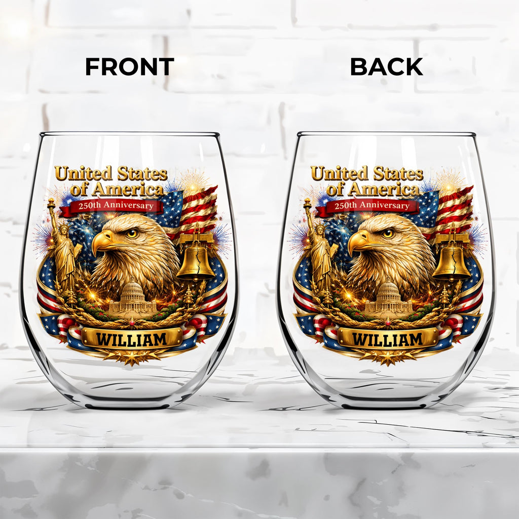 Personalized Stemless Wine Glass USA Flag Custom Name Gift Wine Glasses GradoCreations