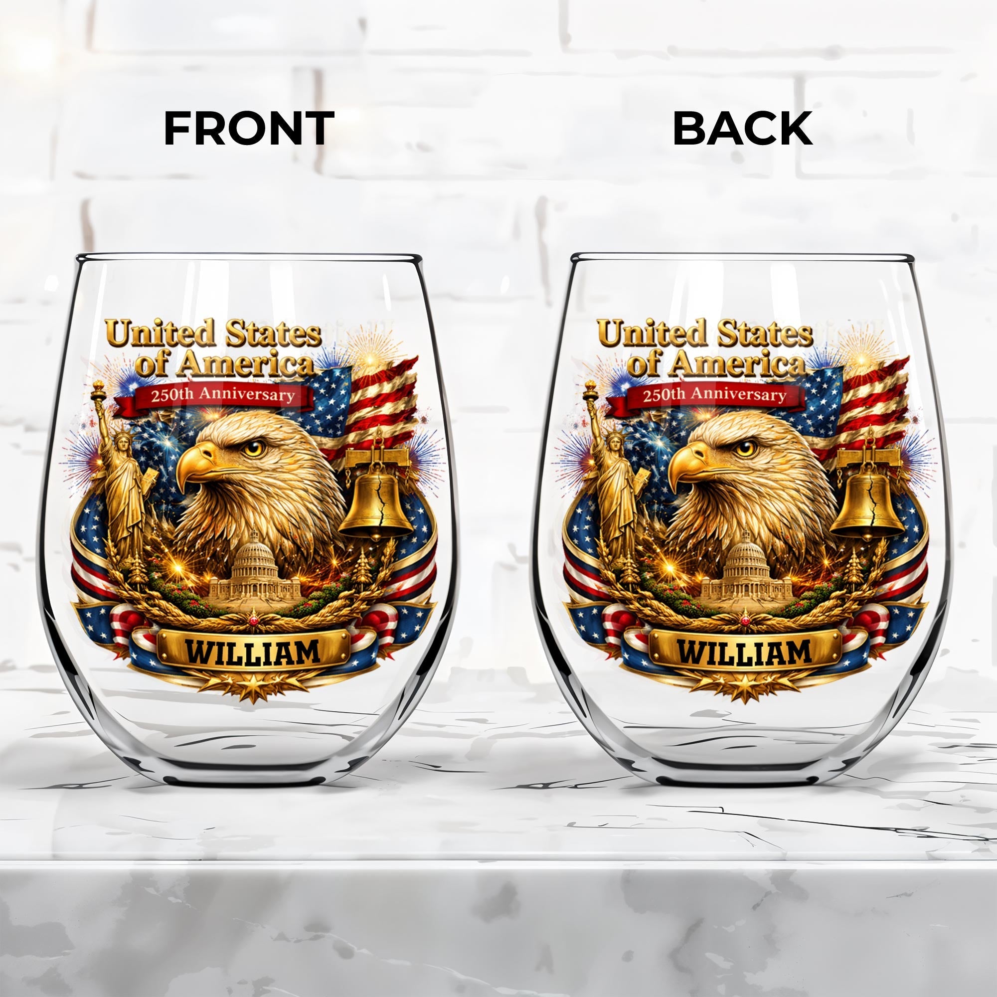 Personalized Stemless Wine Glass USA Flag Custom Name Gift Wine Glasses GradoCreations