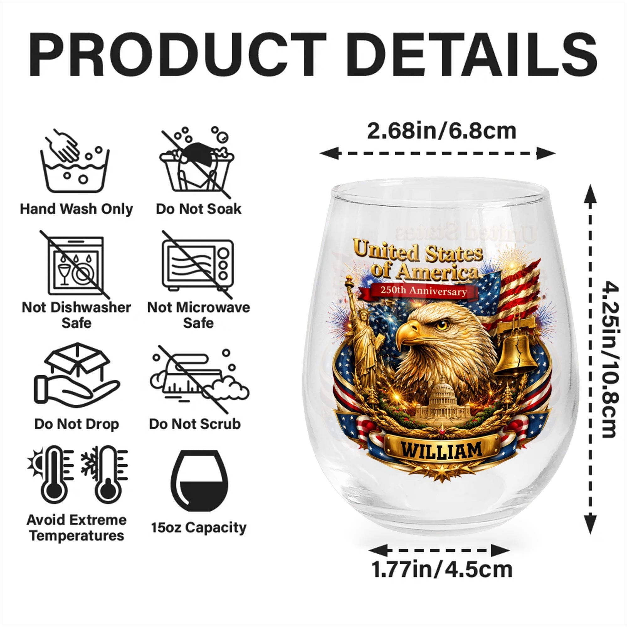 Personalized Stemless Wine Glass USA Flag Custom Name Gift Wine Glasses GradoCreations