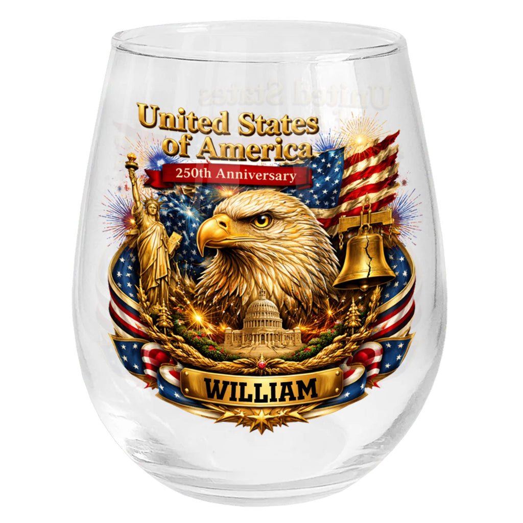 Personalized Stemless Wine Glass USA Flag Custom Name Gift Wine Glasses GradoCreations